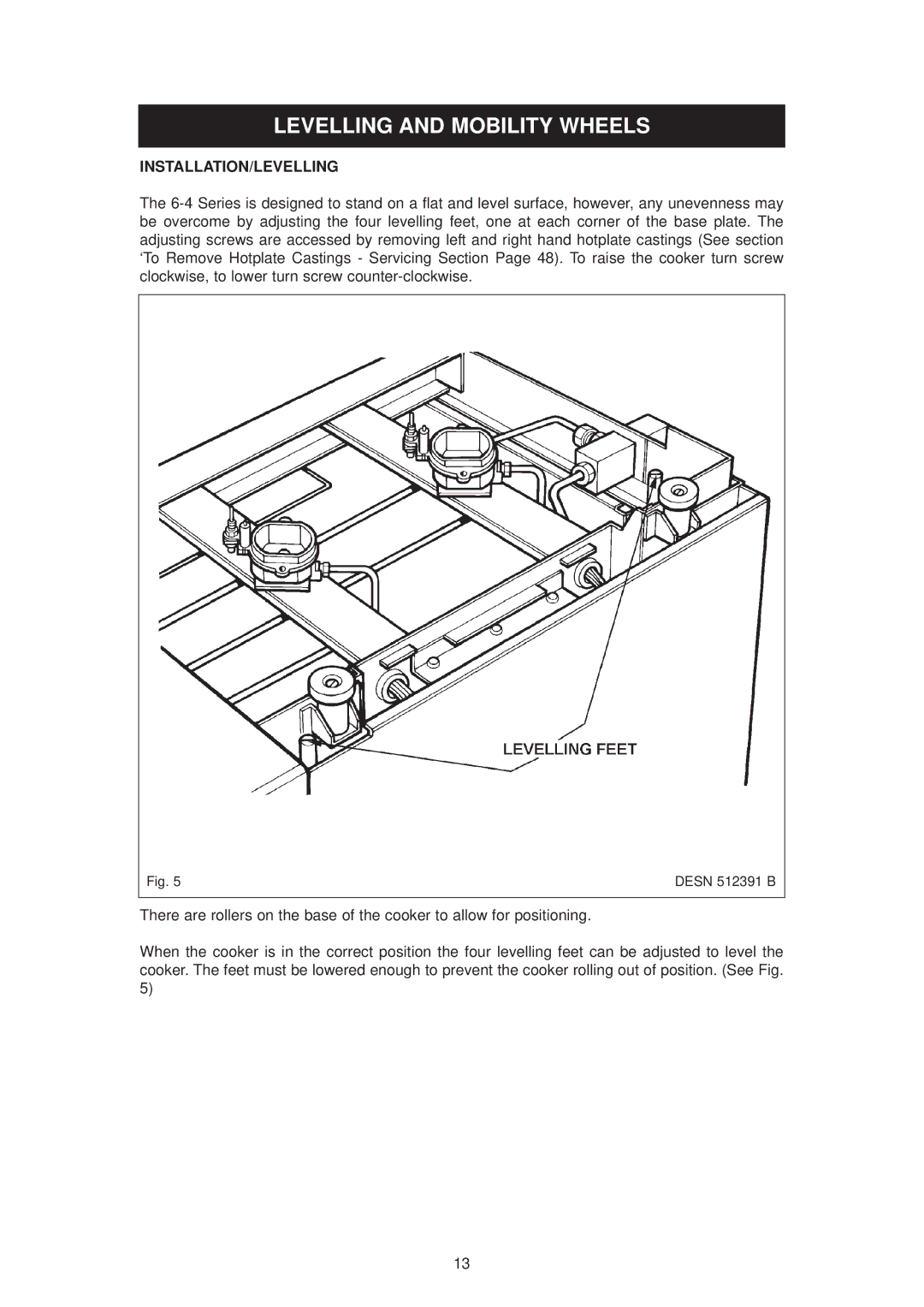 Aga Ranges DC6 (FFD) owner manual Levelling and Mobility Wheels, Installation/Levelling 