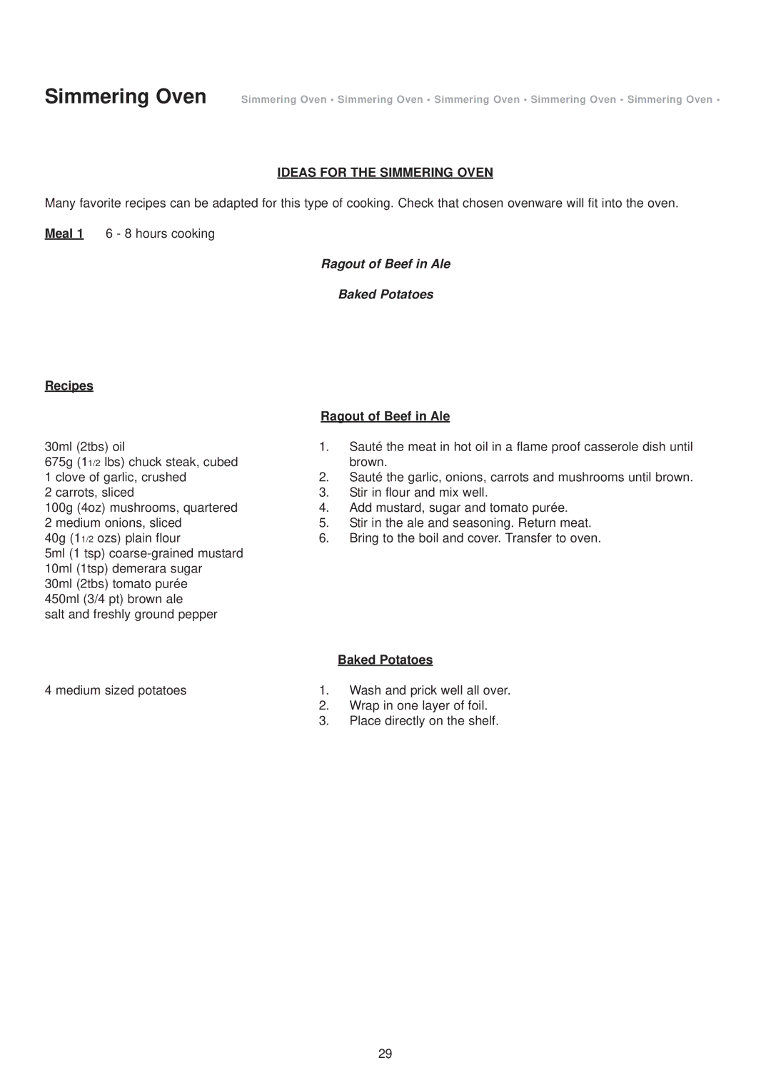 Aga Ranges DC6 (FFD) owner manual Ideas for the Simmering Oven, Recipes Ragout of Beef in Ale, Baked Potatoes 