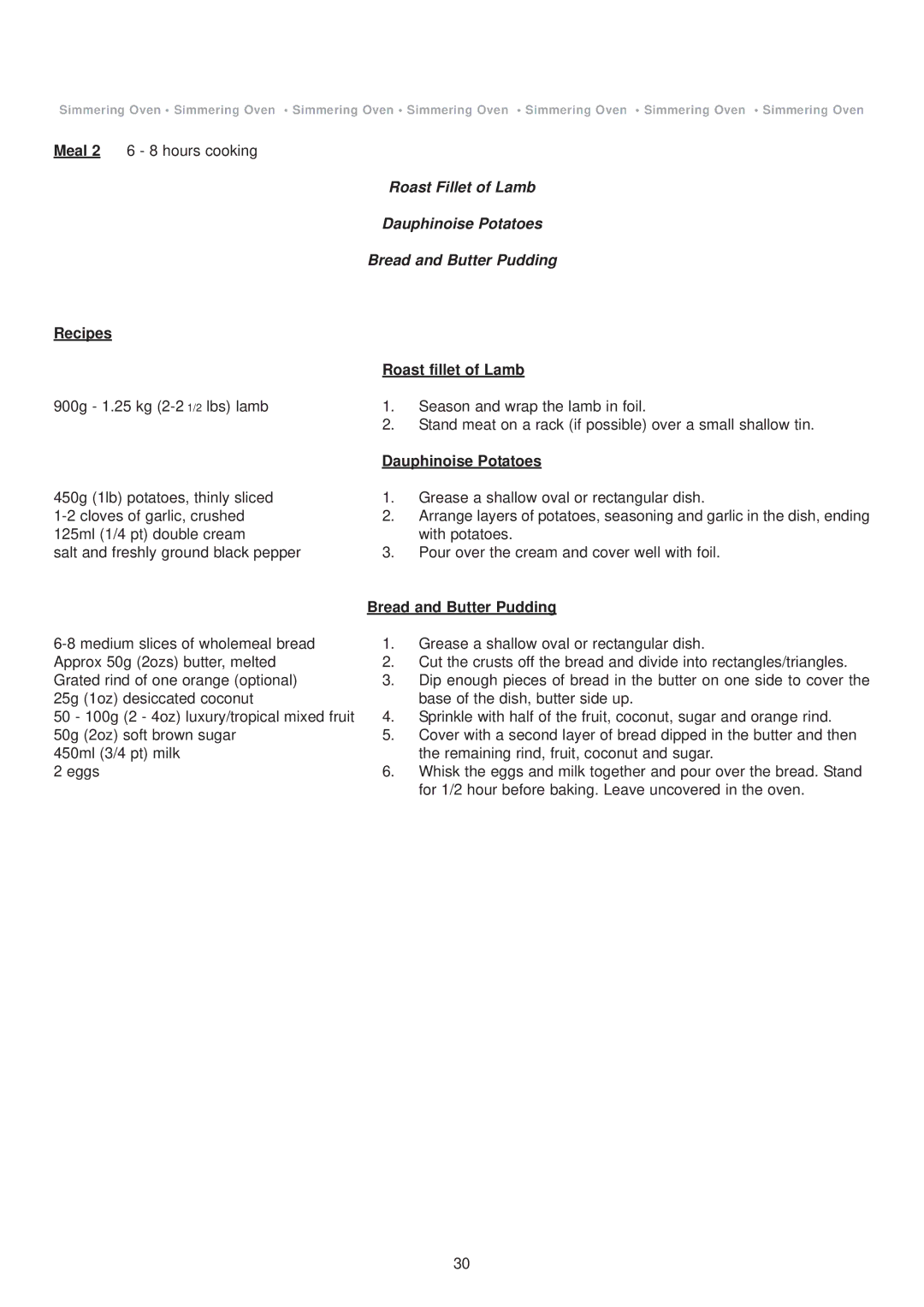Aga Ranges DC6 (FFD) owner manual Recipes Roast fillet of Lamb, Dauphinoise Potatoes, Bread and Butter Pudding 