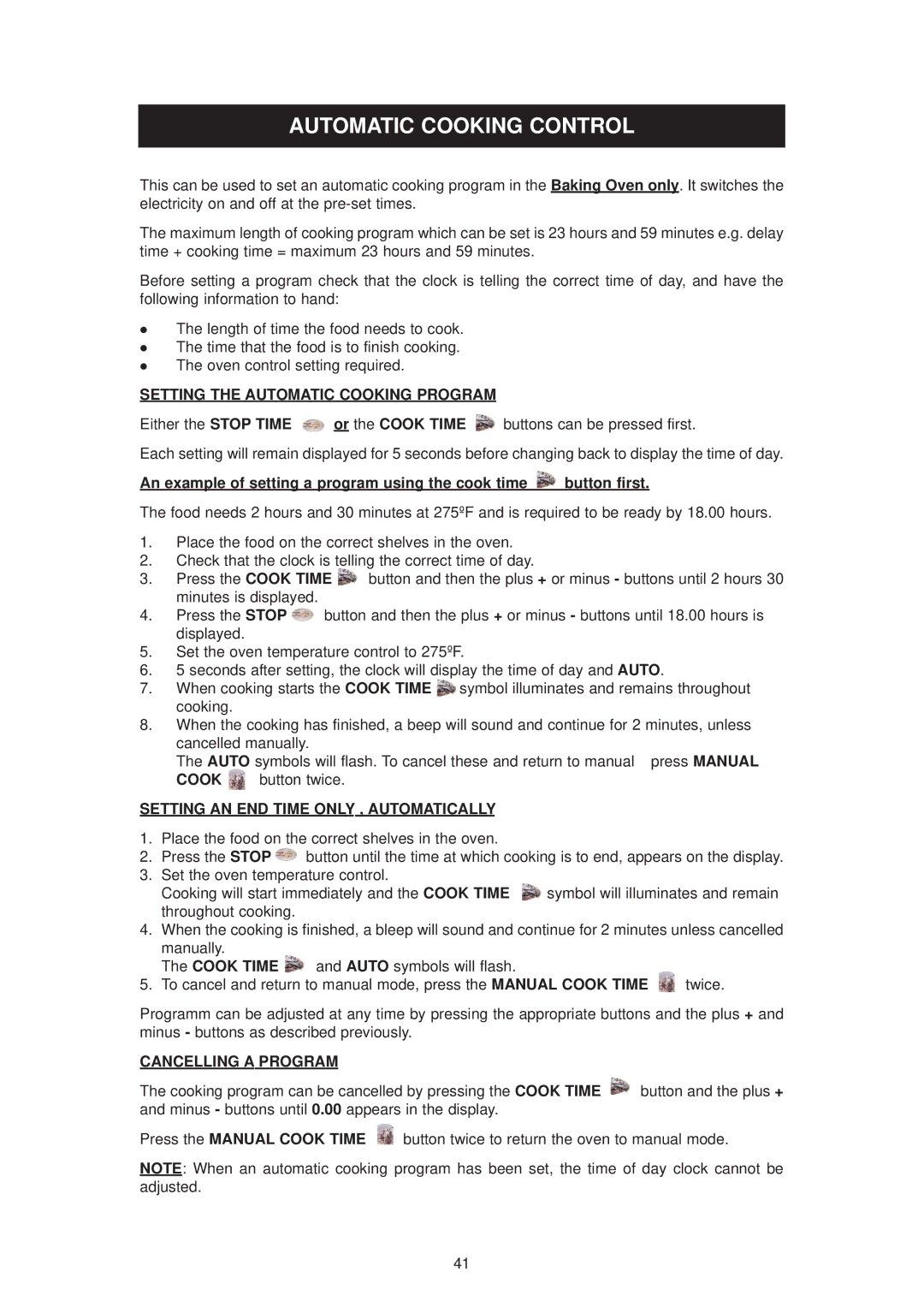 Aga Ranges DC6 (FFD) owner manual Automatic Cooking Control, Setting the Automatic Cooking Program, Cancelling a Program 