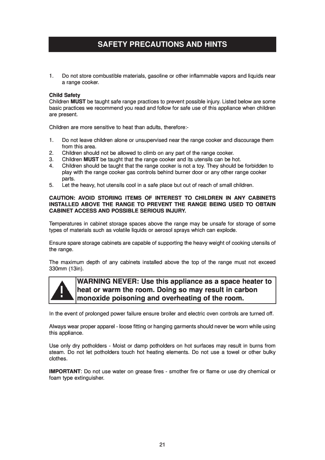Aga Ranges DC6 (FFD) owner manual Safety Precautions And Hints, Child Safety 