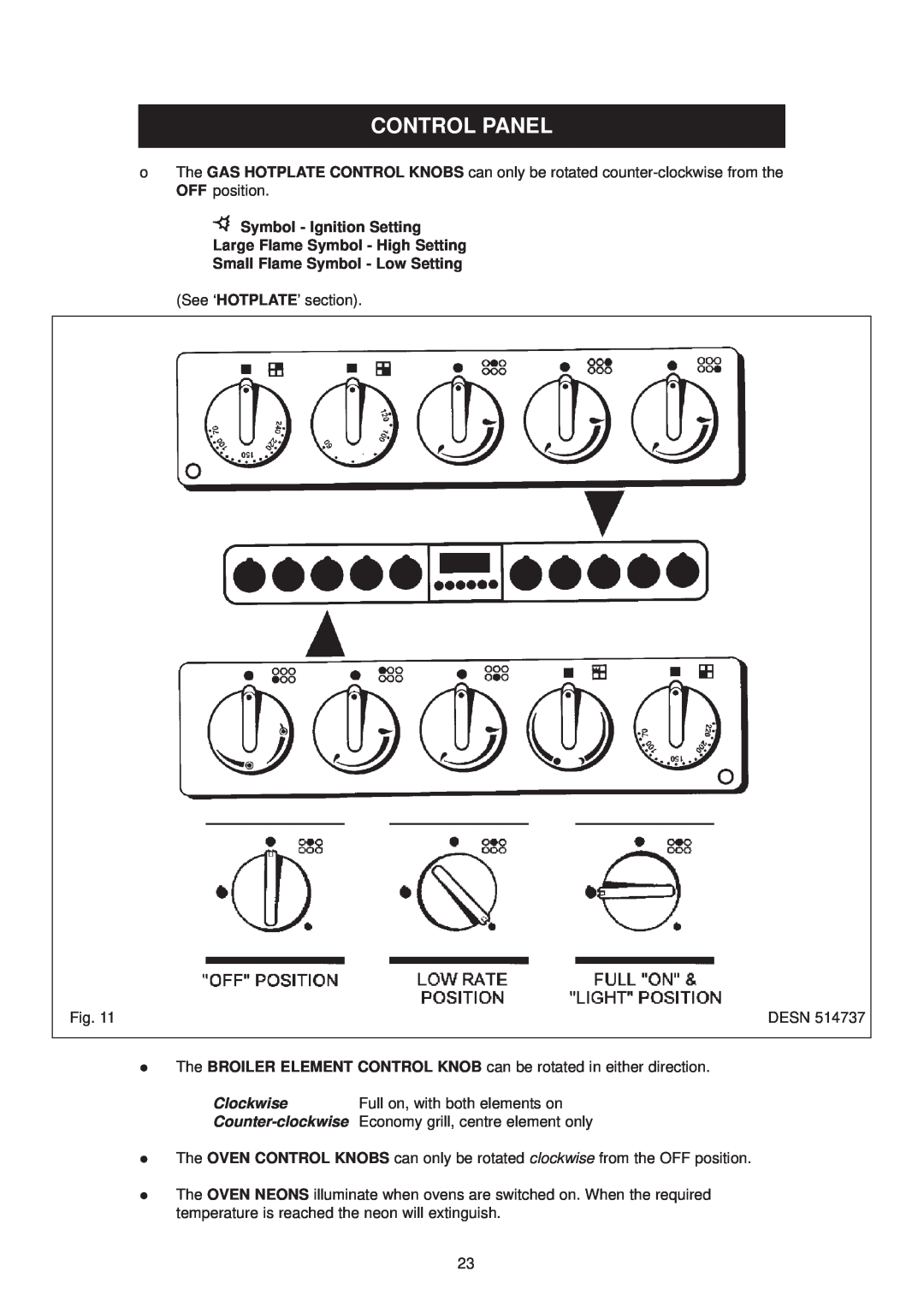 Aga Ranges DC6 (FFD) owner manual Control Panel, Symbol - Ignition Setting Large Flame Symbol - High Setting, Clockwise 