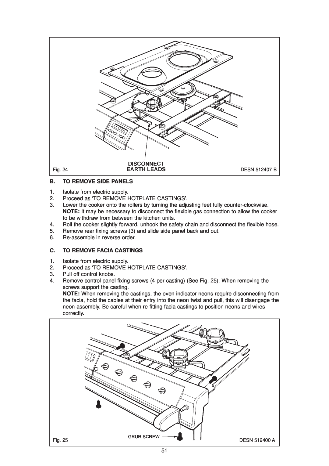 Aga Ranges DC6 (FFD) owner manual B. To Remove Side Panels, C. To Remove Facia Castings, DESN 512407 B, DESN 512400 A 