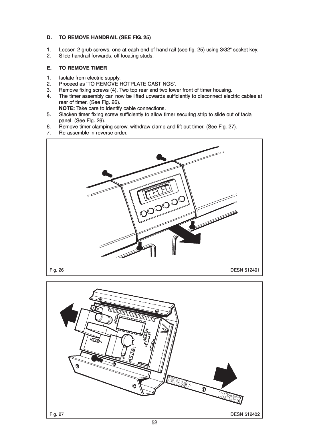 Aga Ranges DC6 (FFD) owner manual D. To Remove Handrail See Fig, E. To Remove Timer 
