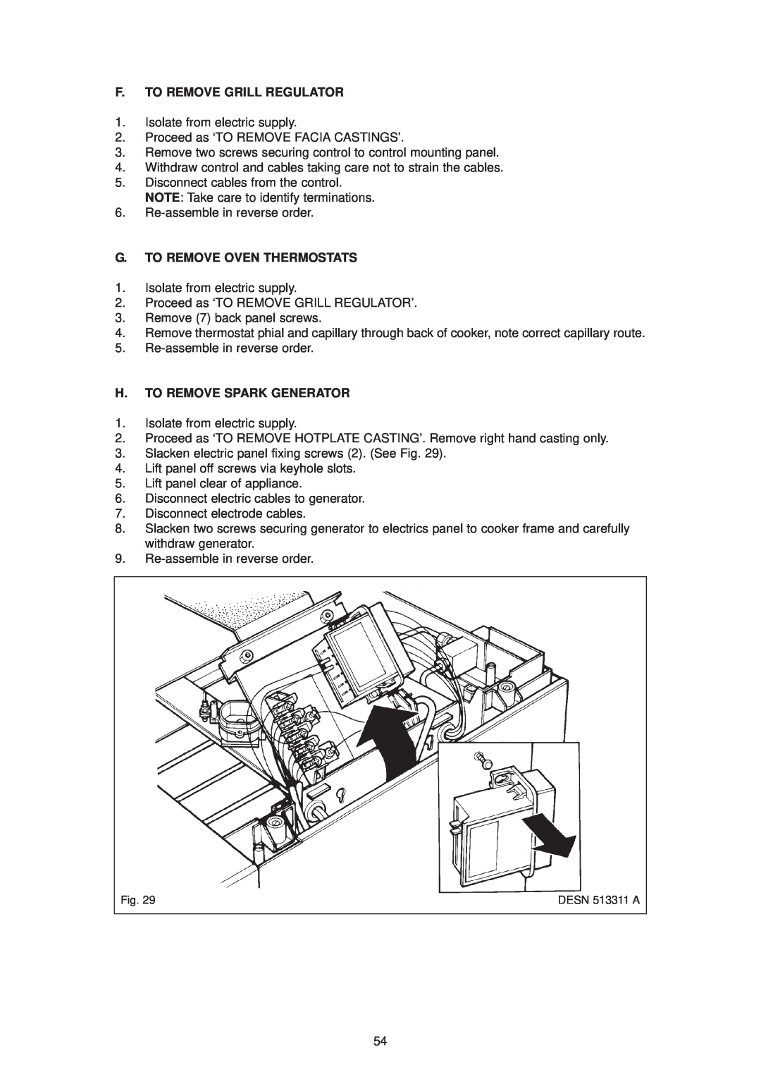 Aga Ranges DC6 (FFD) owner manual F. To Remove Grill Regulator, G. To Remove Oven Thermostats, H. To Remove Spark Generator 
