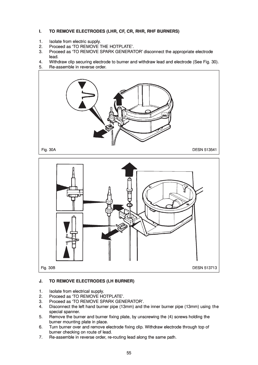 Aga Ranges DC6 (FFD) owner manual I. To Remove Electrodes Lhr, Cf, Cr, Rhr, Rhf Burners, J. To Remove Electrodes Lh Burner 