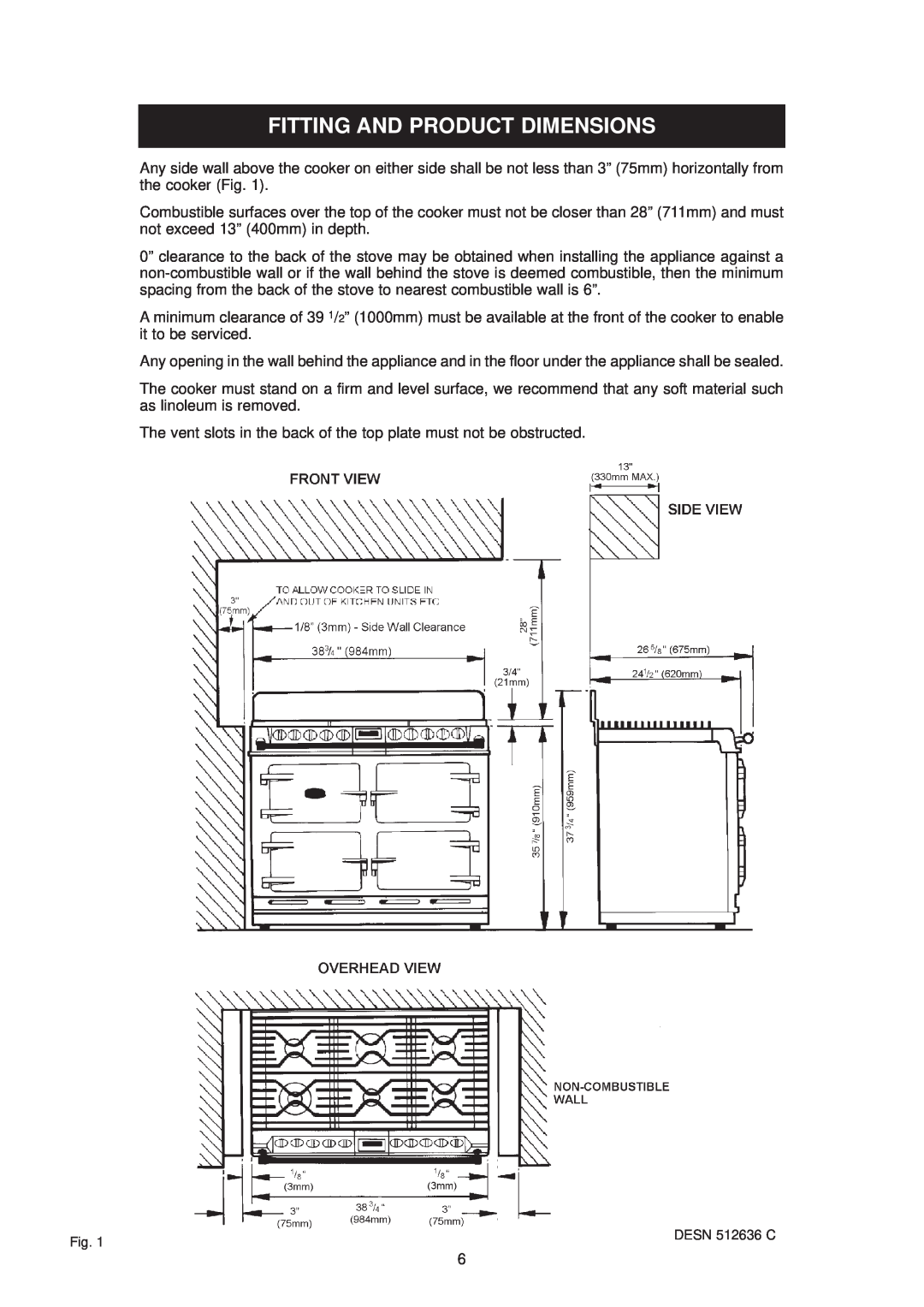 Aga Ranges DC6 (FFD) owner manual Fitting And Product Dimensions 