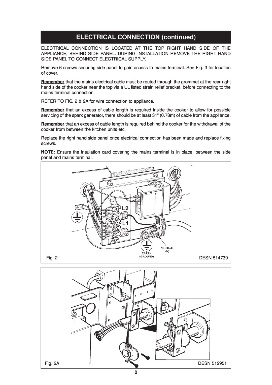 Aga Ranges DC6 (FFD) owner manual ELECTRICAL CONNECTION continued 