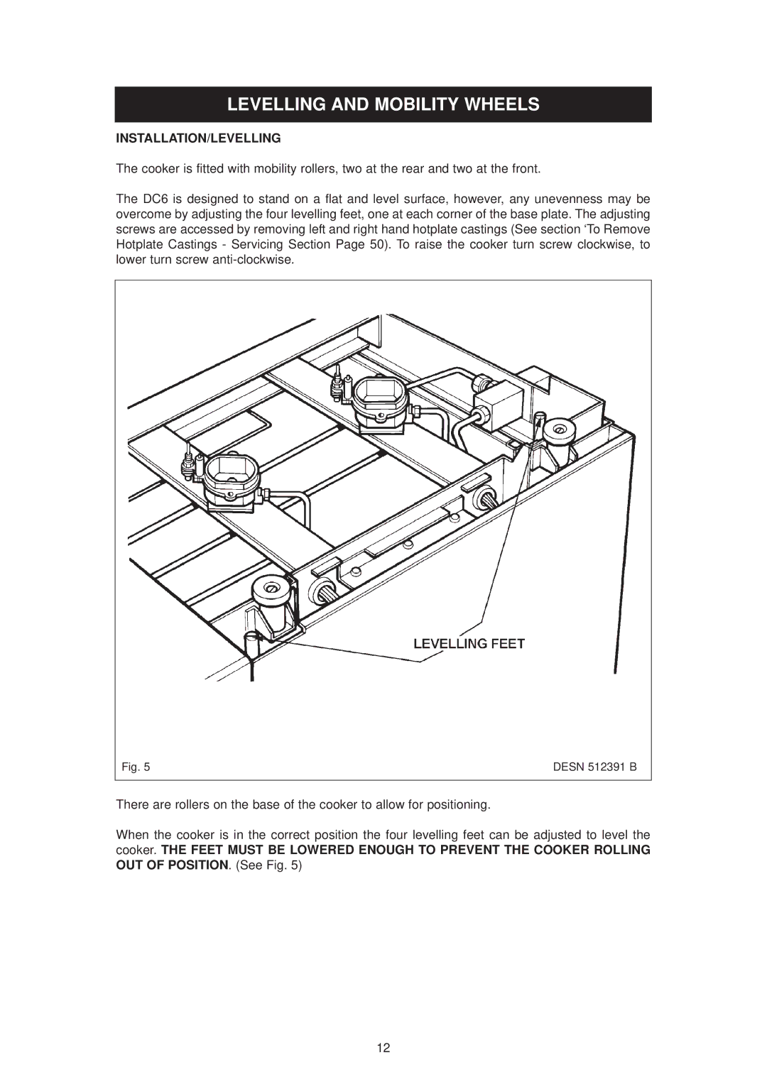 Aga Ranges dc6 owner manual Levelling and Mobility Wheels, Installation/Levelling 