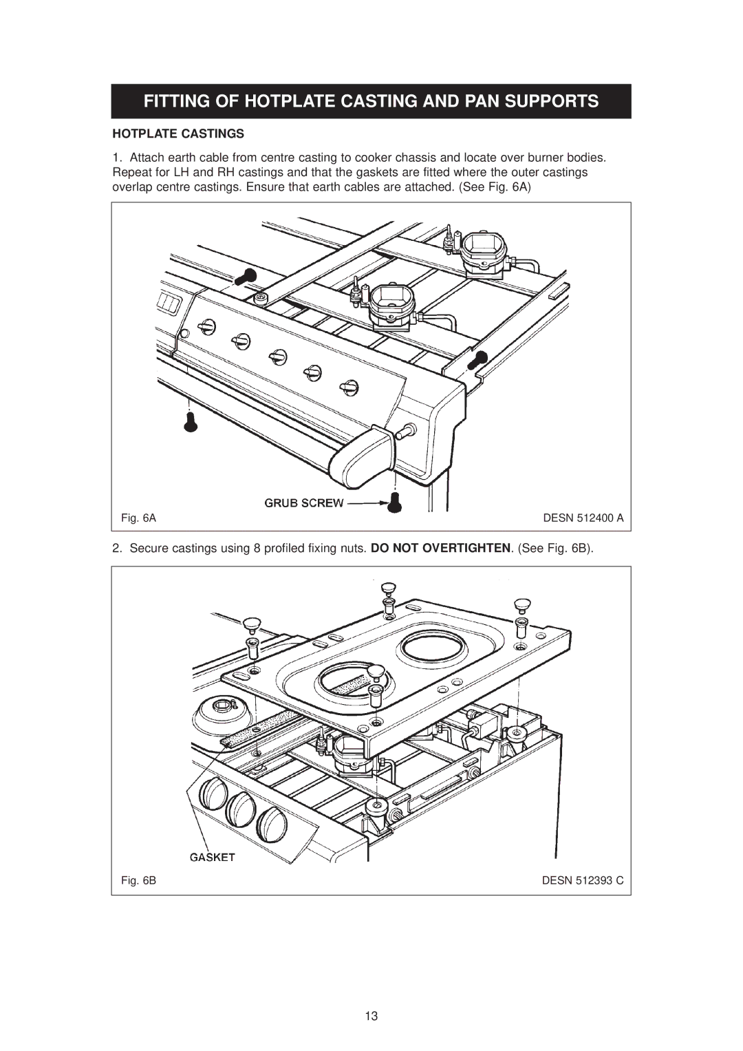 Aga Ranges dc6 owner manual Fitting of Hotplate Casting and PAN Supports, Hotplate Castings 