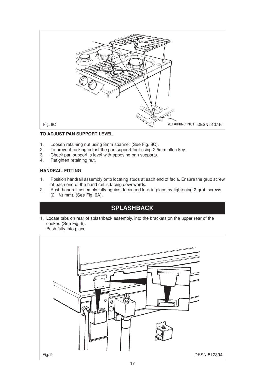 Aga Ranges dc6 owner manual Splashback, To Adjust PAN Support Level, Handrail Fitting 