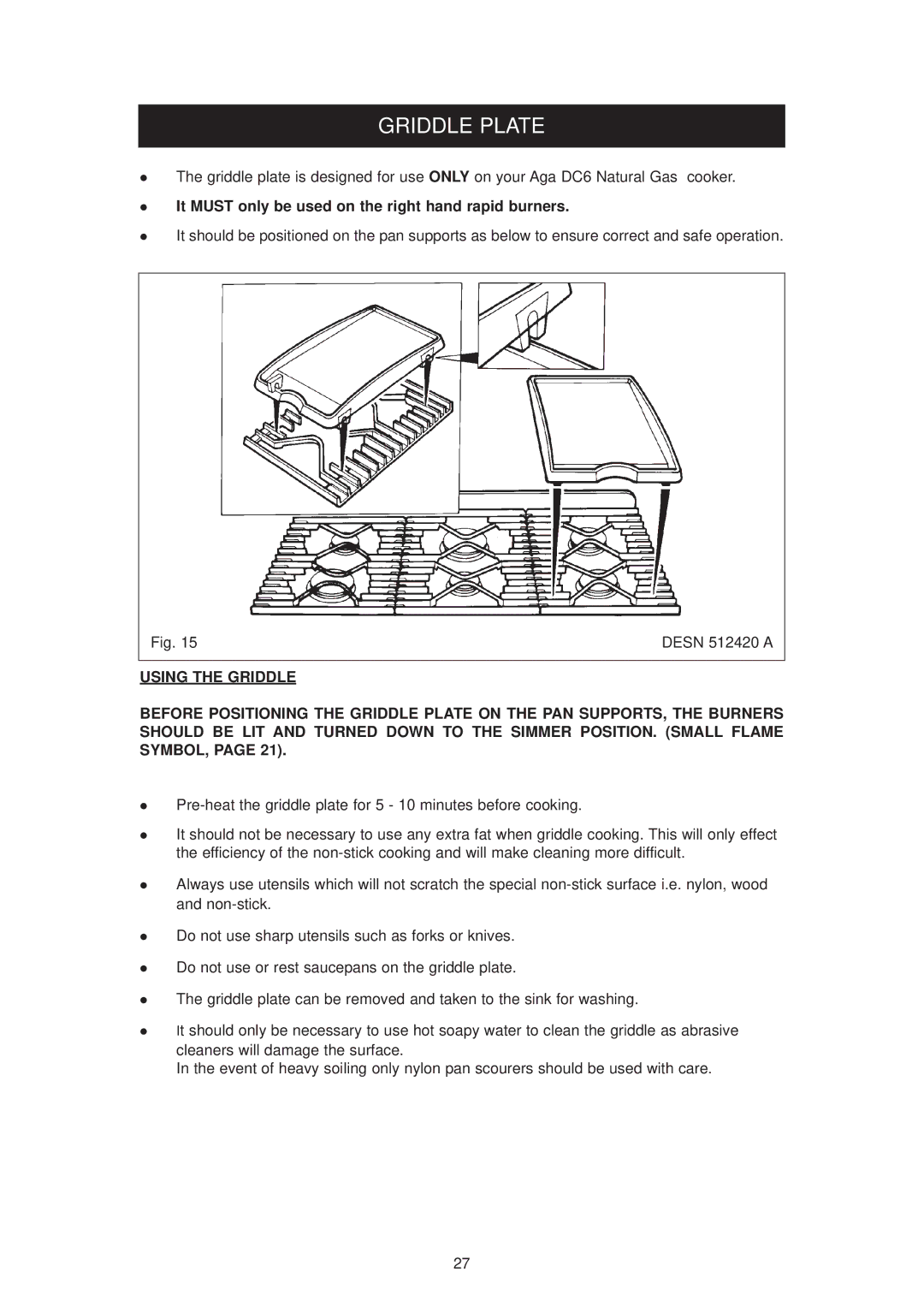 Aga Ranges dc6 owner manual Griddle Plate, It Must only be used on the right hand rapid burners 