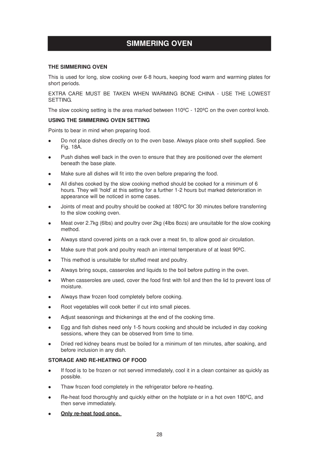 Aga Ranges dc6 owner manual Using the Simmering Oven Setting, Storage and RE-HEATING of Food, Only re-heat food once 