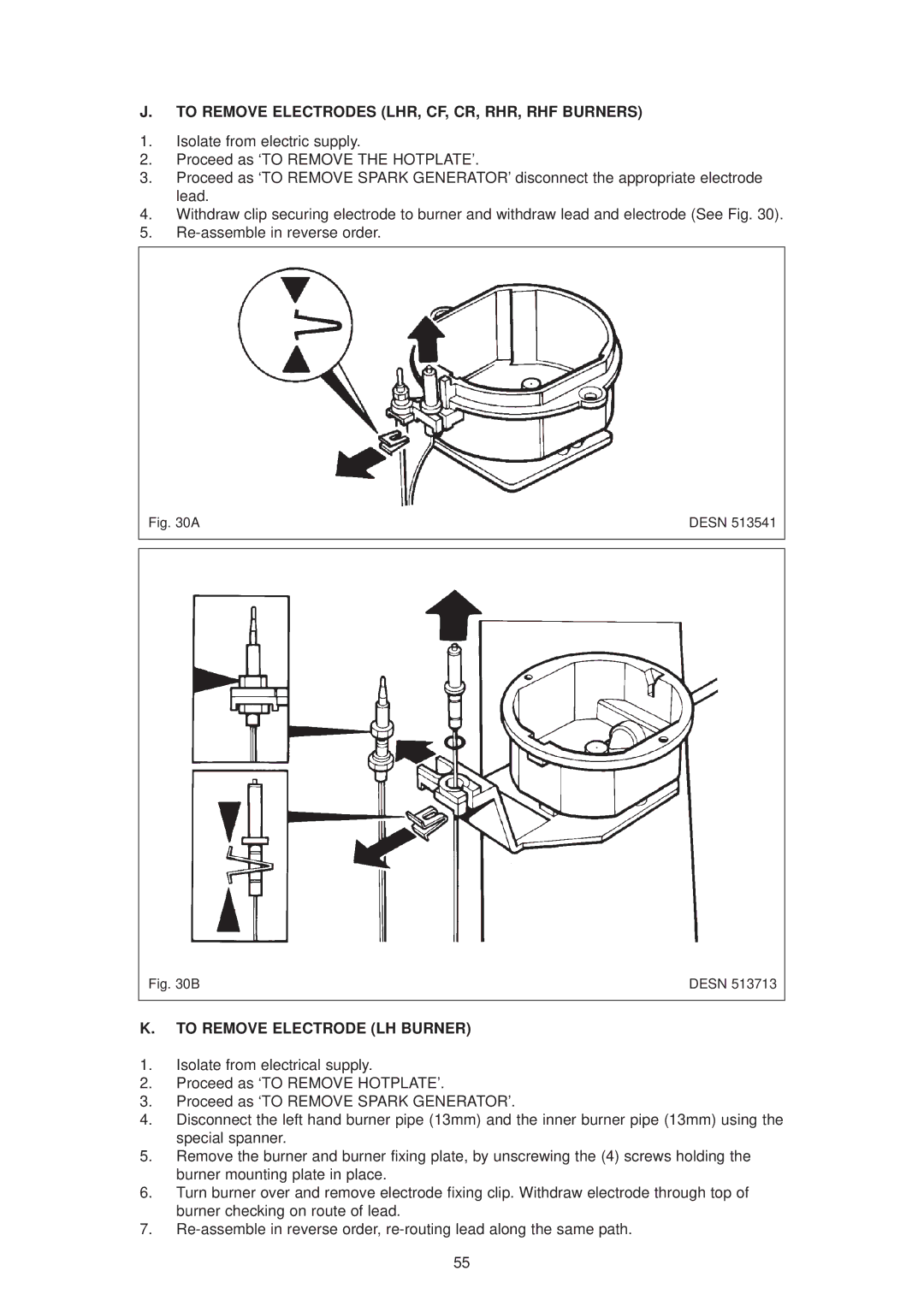 Aga Ranges dc6 owner manual To Remove Electrodes LHR, CF, CR, RHR, RHF Burners, To Remove Electrode LH Burner 