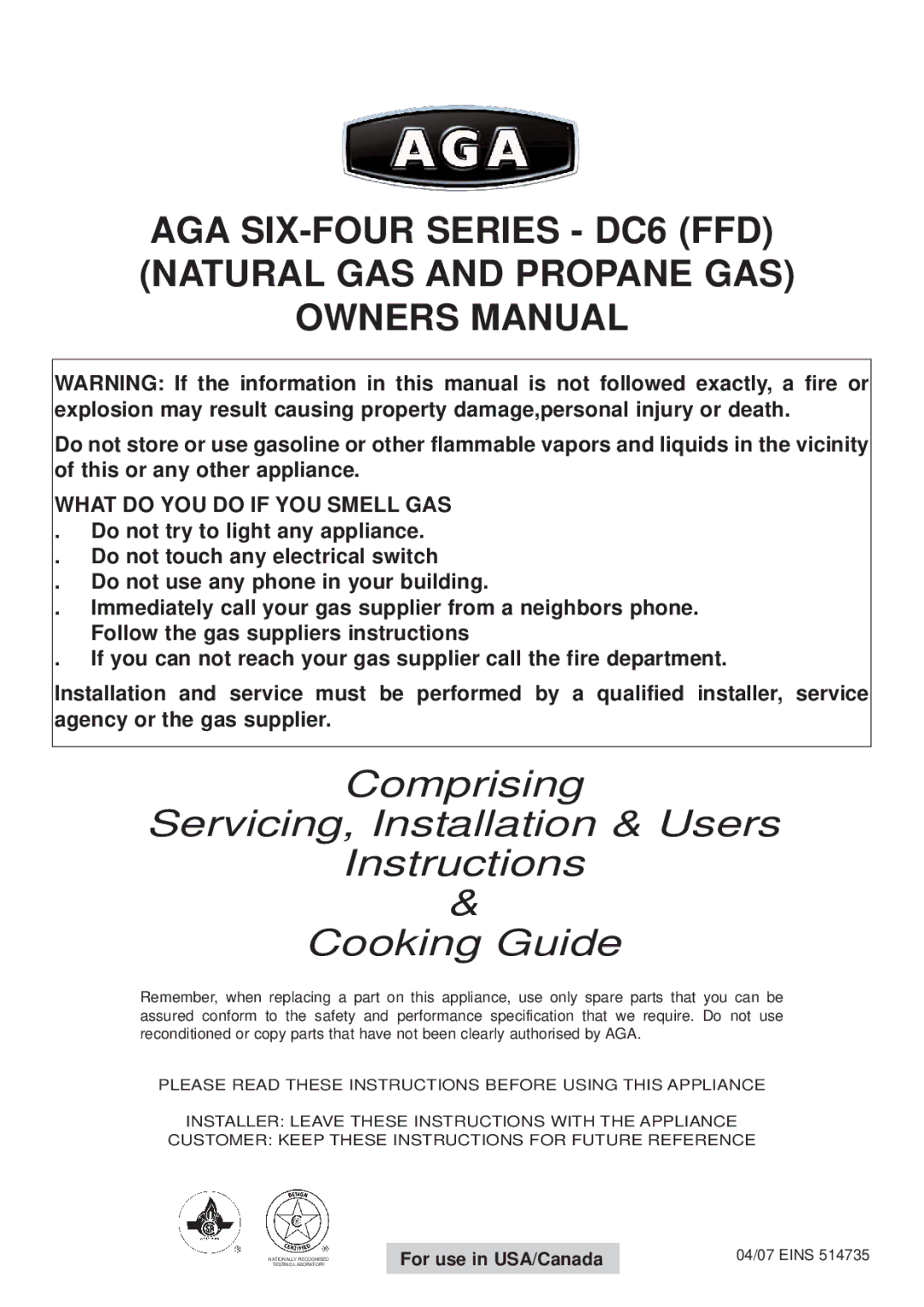 Aga Ranges dc6 owner manual AGA SIX-FOUR Series DC6 FFD Natural GAS and Propane GAS 