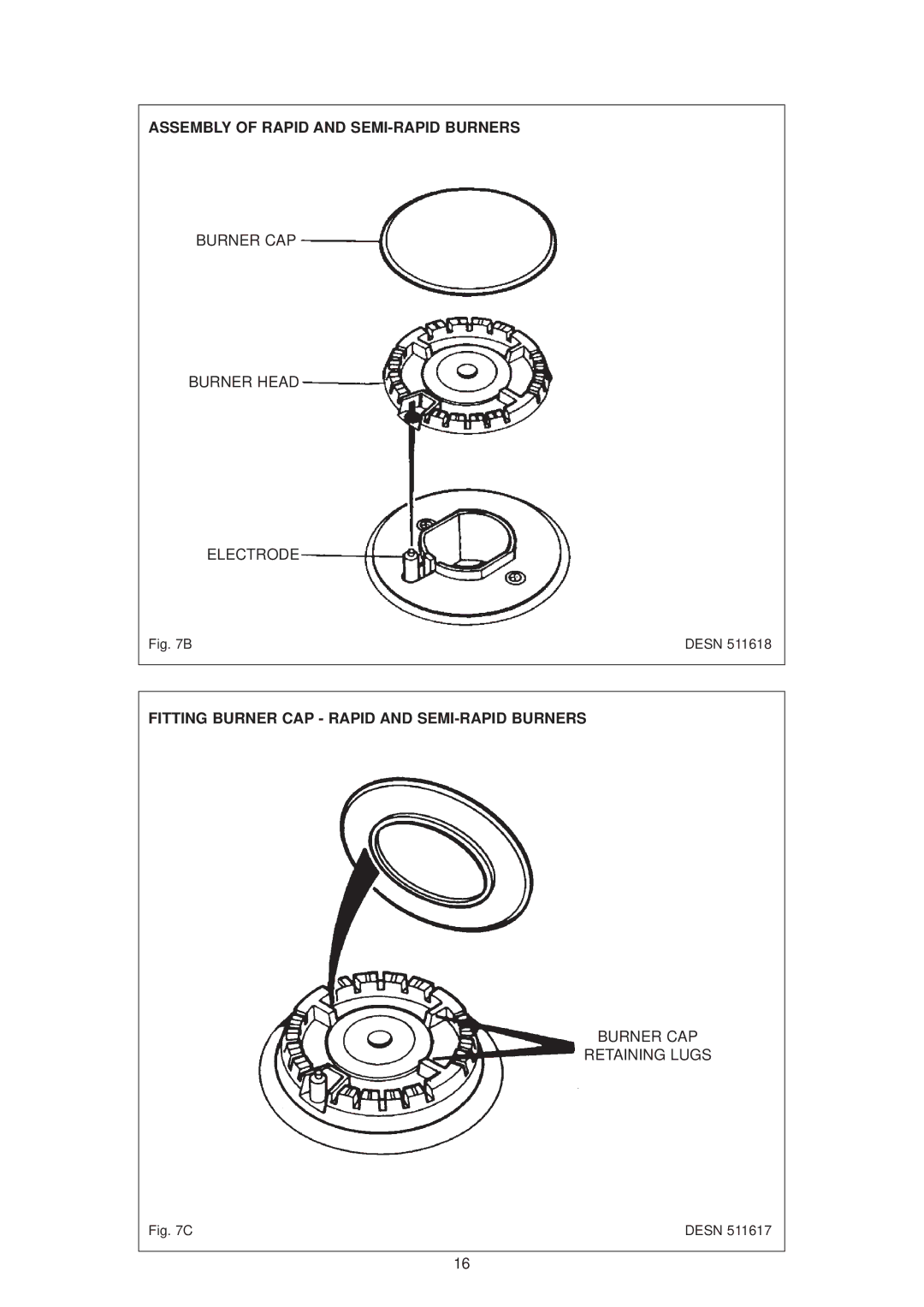 Aga Ranges dc6 owner manual Assembly of Rapid and SEMI-RAPID Burners, Fitting Burner CAP Rapid and SEMI-RAPID Burners 