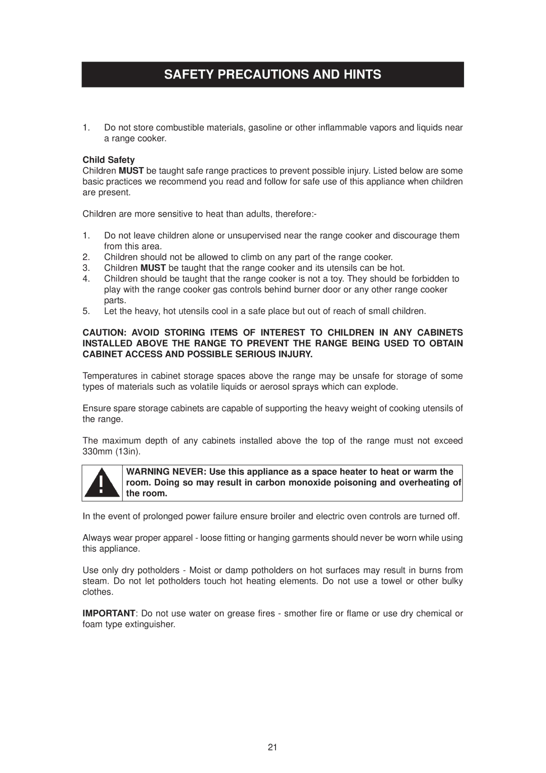 Aga Ranges dc6 owner manual Safety Precautions and Hints, Child Safety 