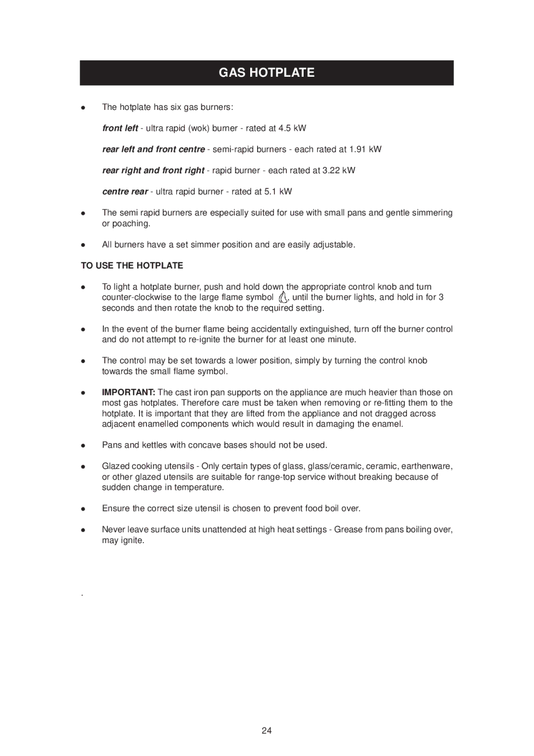 Aga Ranges dc6 owner manual GAS Hotplate, To USE the Hotplate 