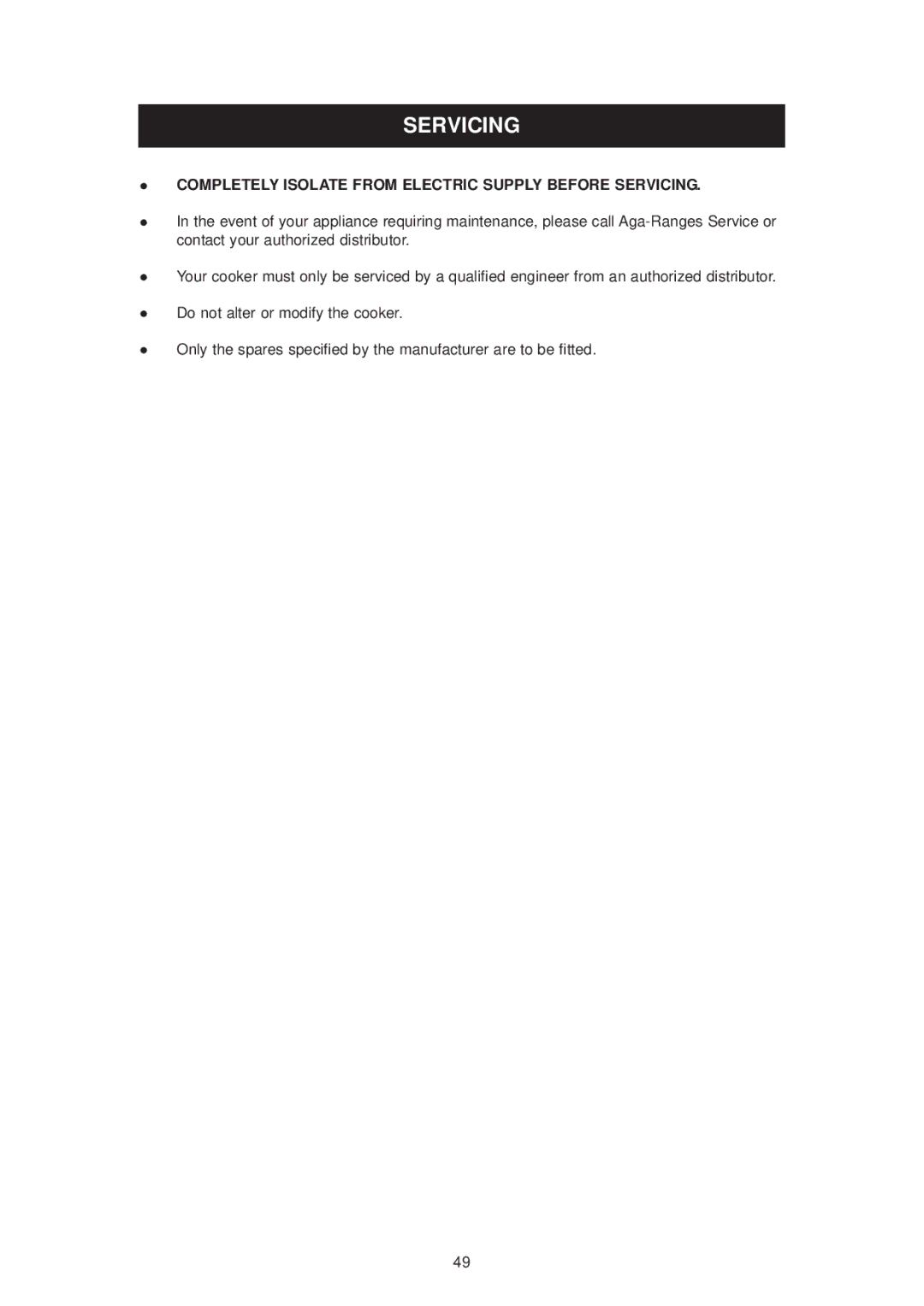 Aga Ranges dc6 owner manual Completely Isolate from Electric Supply Before Servicing 