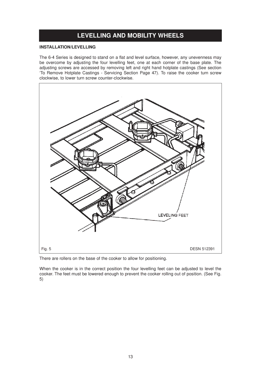 Aga Ranges dc6 owner manual Levelling and Mobility Wheels, Installation/Levelling 