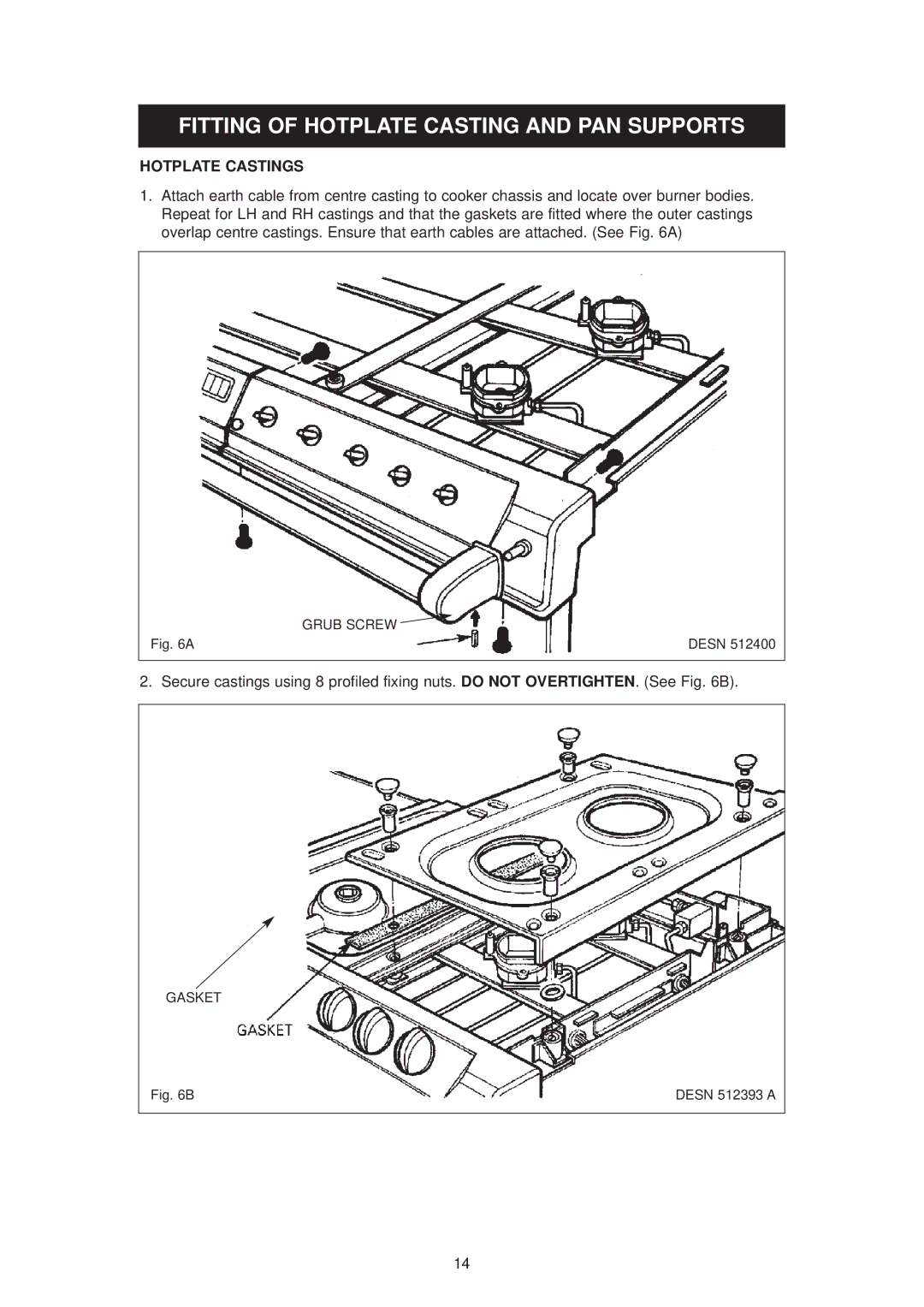 Aga Ranges dc6 owner manual Fitting of Hotplate Casting and PAN Supports, Hotplate Castings 