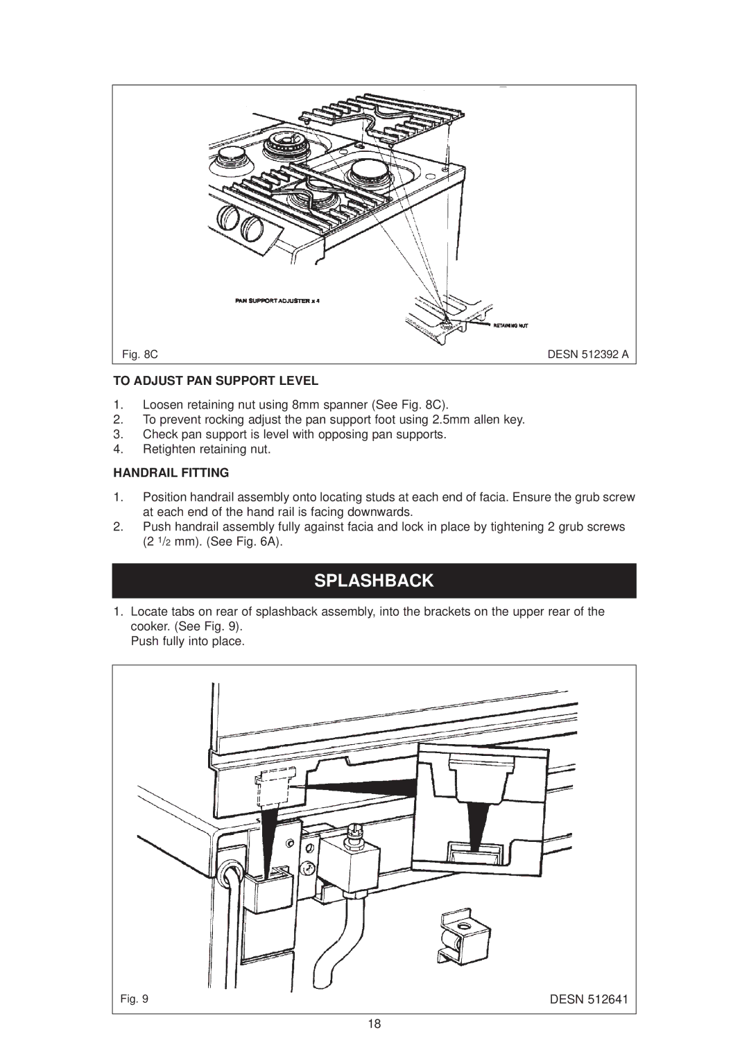 Aga Ranges dc6 owner manual Splashback, To Adjust PAN Support Level, Handrail Fitting 