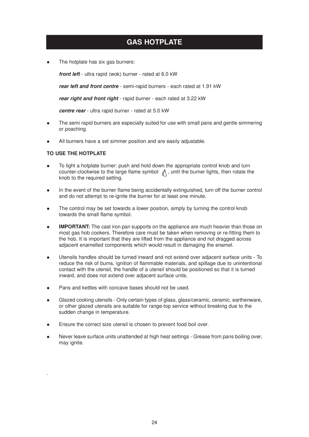 Aga Ranges dc6 owner manual GAS Hotplate, To USE the Hotplate 