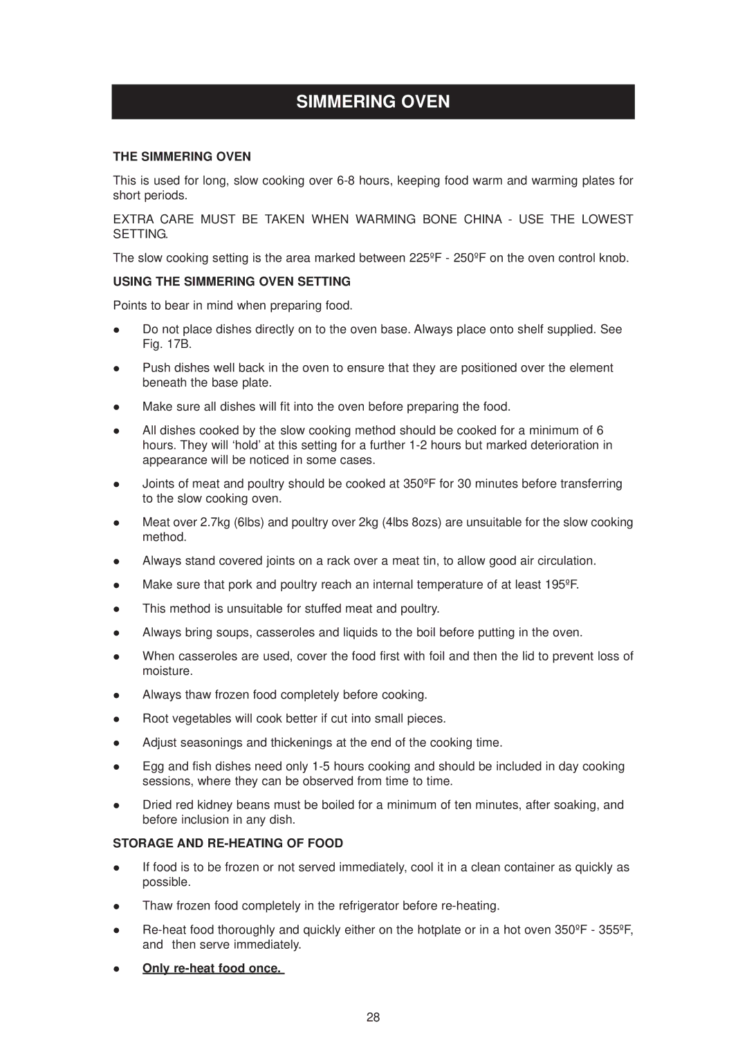 Aga Ranges dc6 owner manual Using the Simmering Oven Setting, Storage and RE-HEATING of Food, Only re-heat food once 