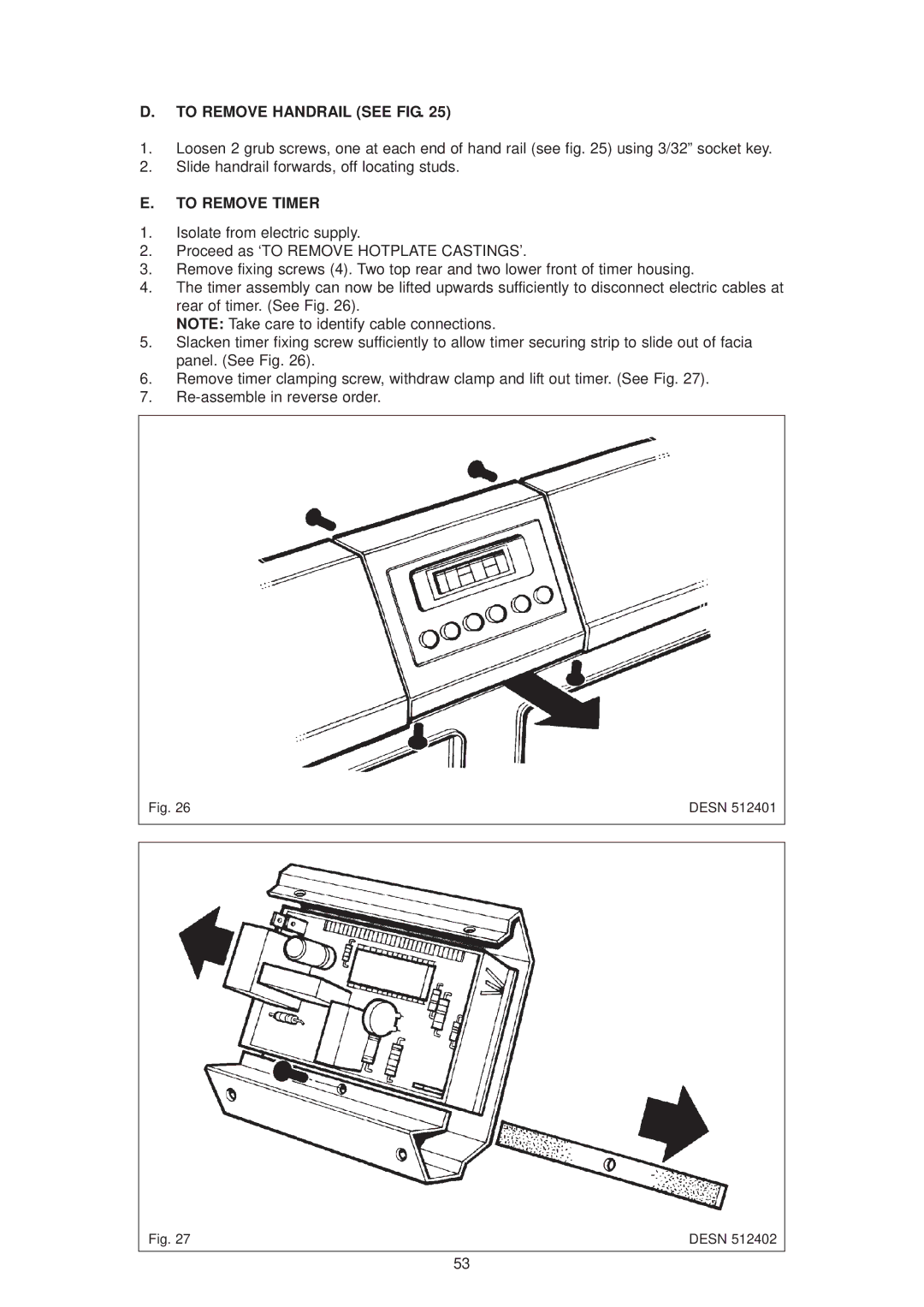 Aga Ranges dc6 owner manual To Remove Handrail see FIG, To Remove Timer 