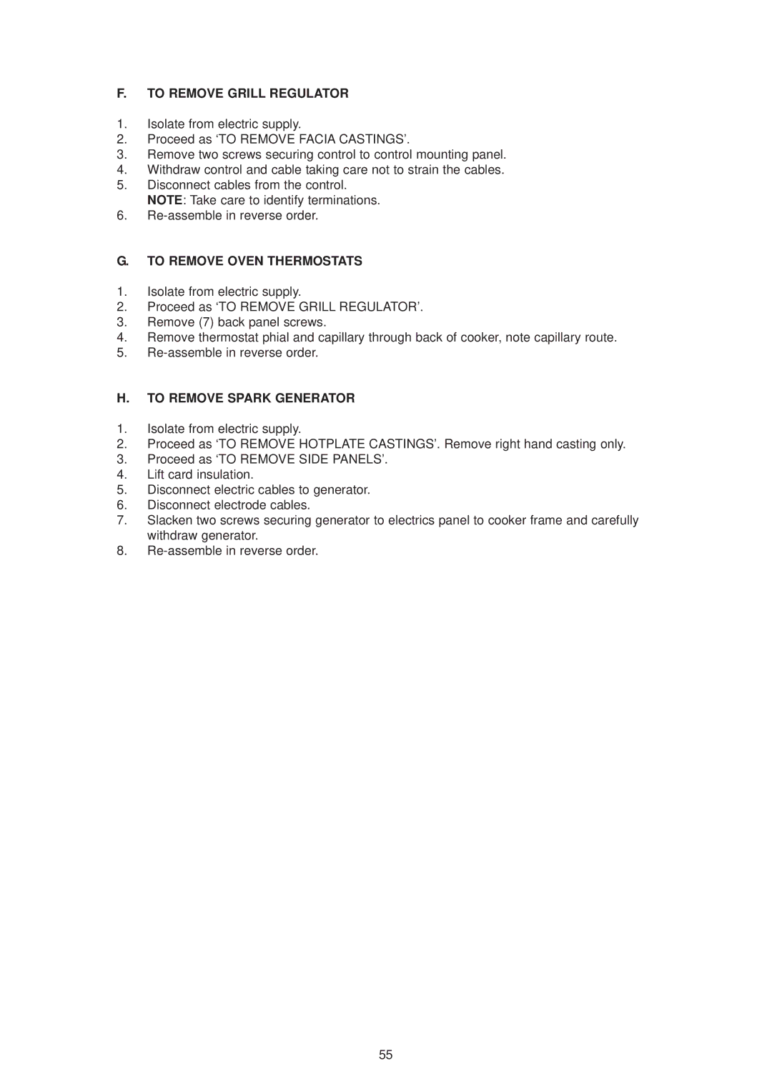 Aga Ranges dc6 owner manual To Remove Grill Regulator, To Remove Oven Thermostats, To Remove Spark Generator 