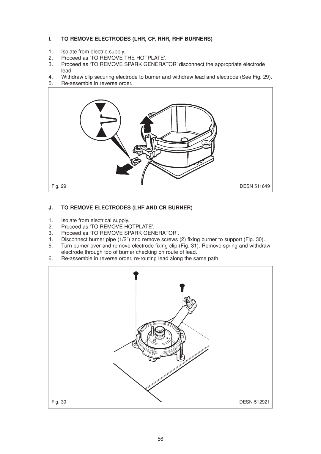 Aga Ranges dc6 owner manual To Remove Electrodes LHR, CF, RHR, RHF Burners, To Remove Electrodes LHF and CR Burner 