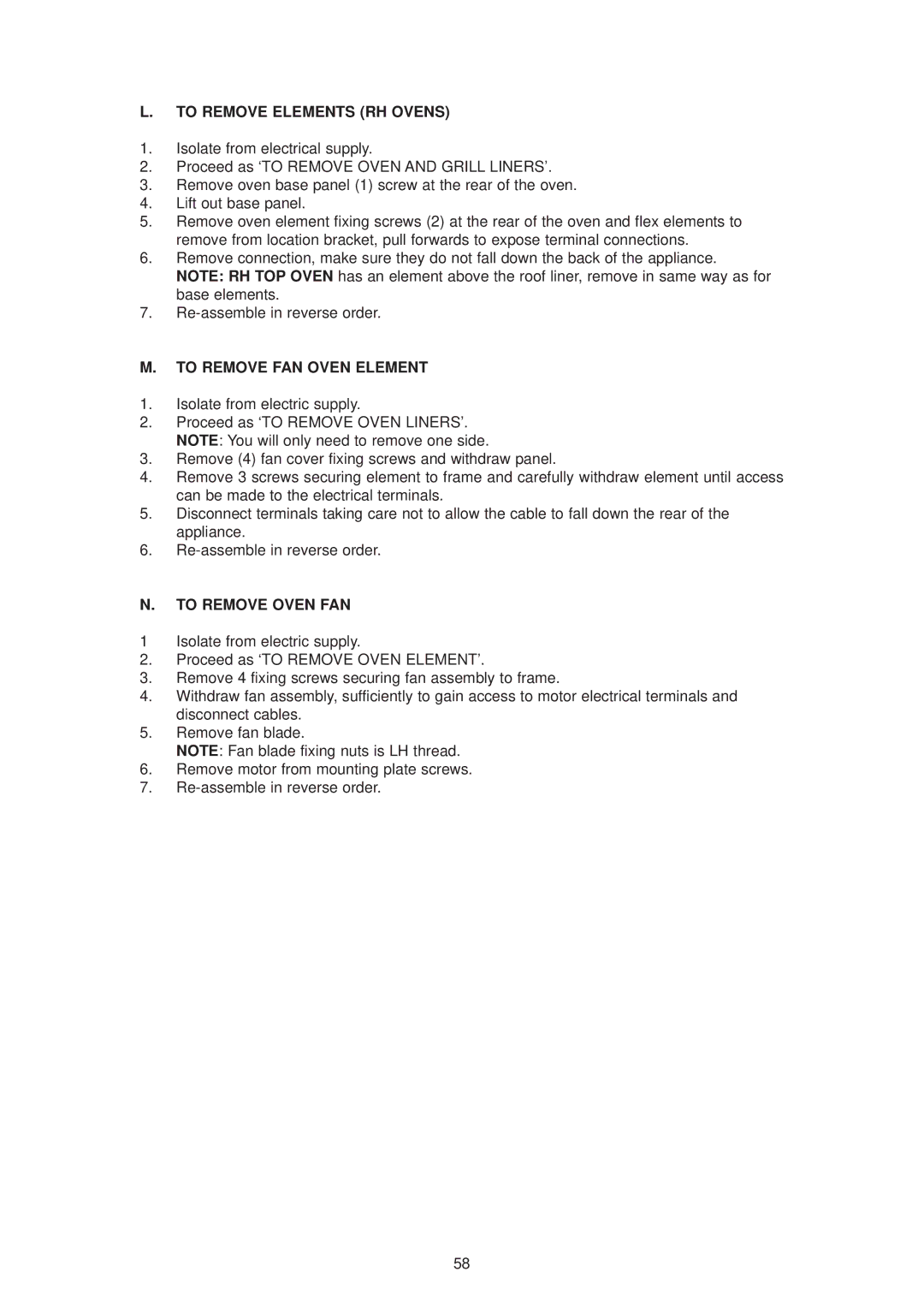 Aga Ranges dc6 owner manual To Remove Elements RH Ovens, To Remove FAN Oven Element, To Remove Oven FAN 