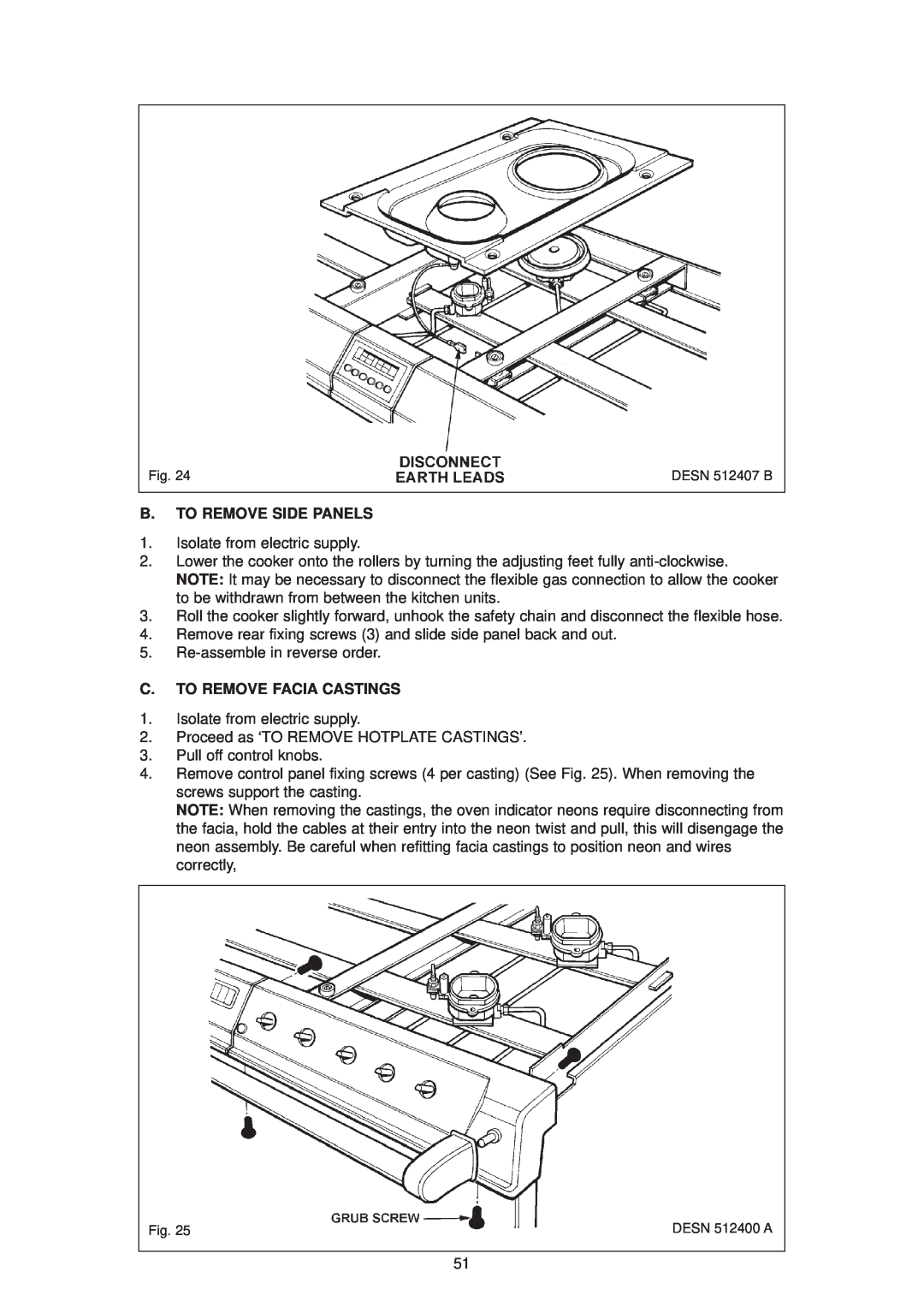Aga Ranges dc6 owner manual B. To Remove Side Panels, C. To Remove Facia Castings, DESN 512407 B 