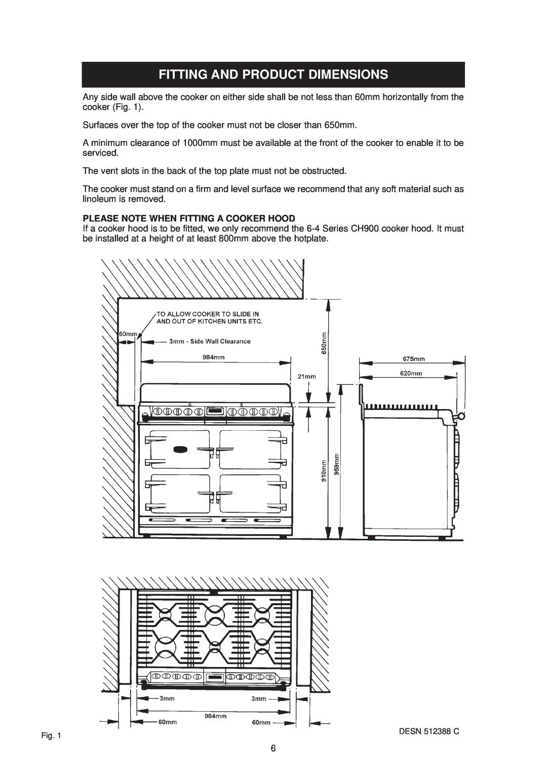 Aga Ranges dc6 owner manual Fitting And Product Dimensions, Please Note When Fitting A Cooker Hood 