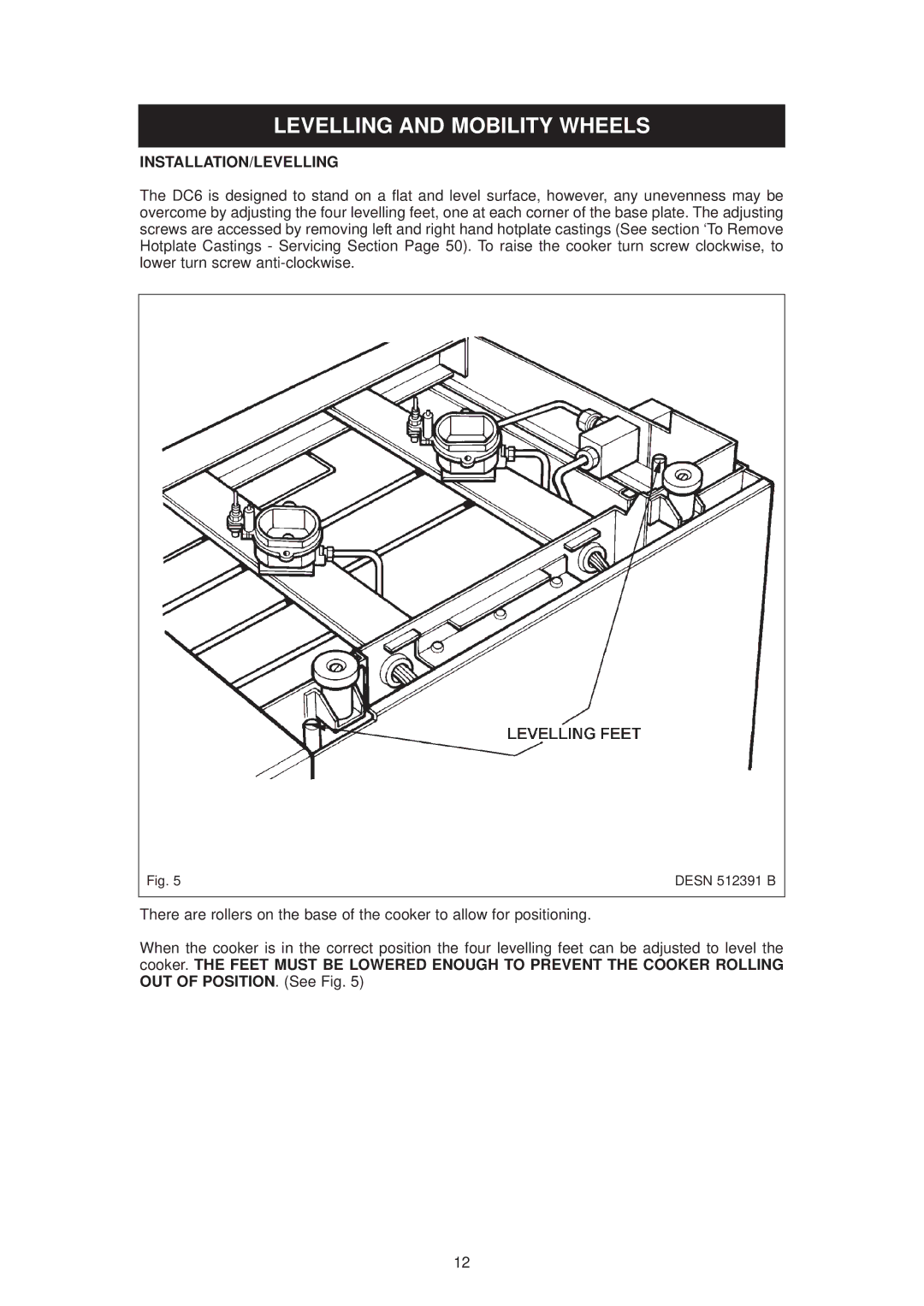 Aga Ranges DESN 512387 A owner manual Levelling and Mobility Wheels, Installation/Levelling 