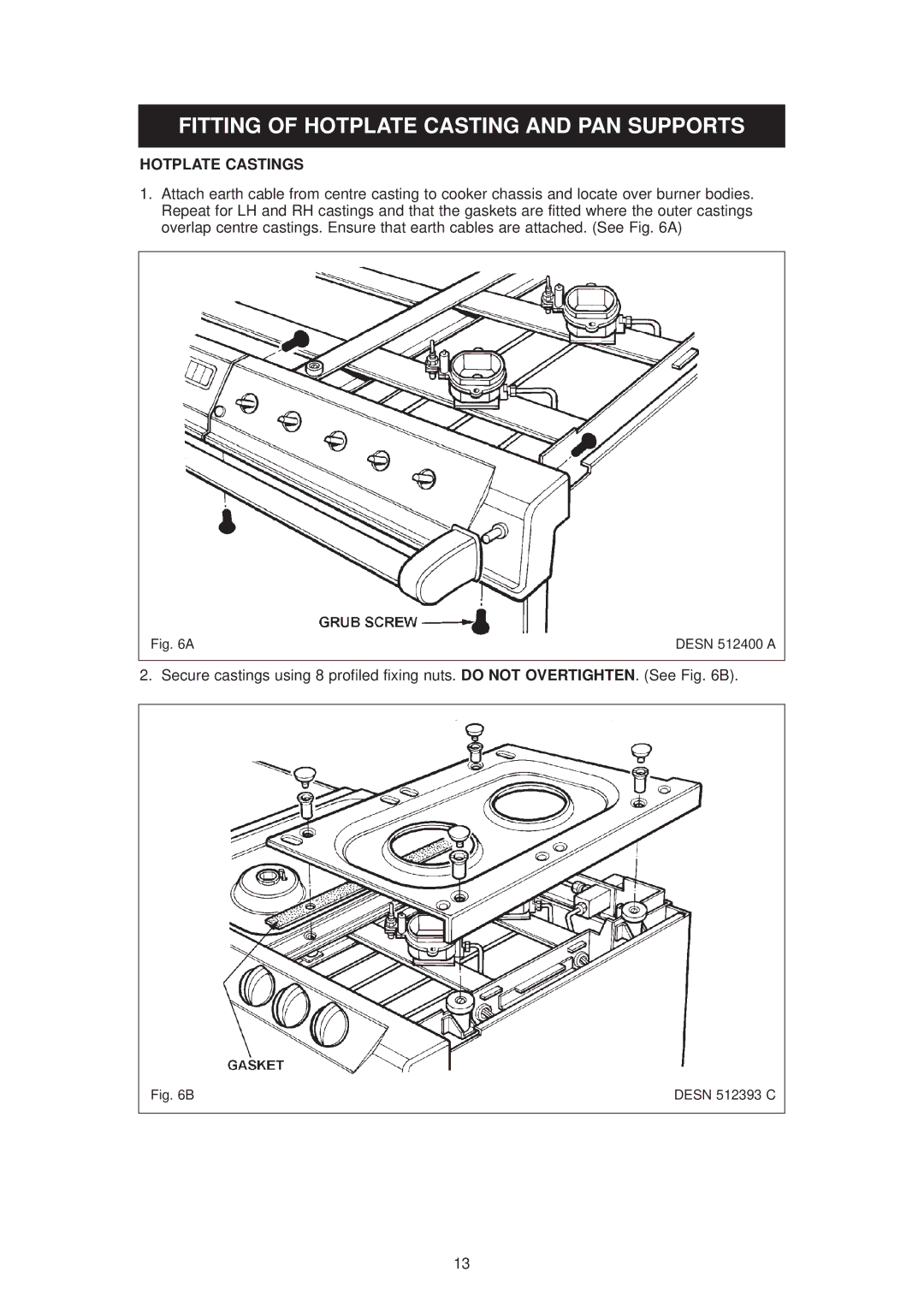 Aga Ranges DESN 512387 A owner manual Fitting of Hotplate Casting and PAN Supports, Hotplate Castings 