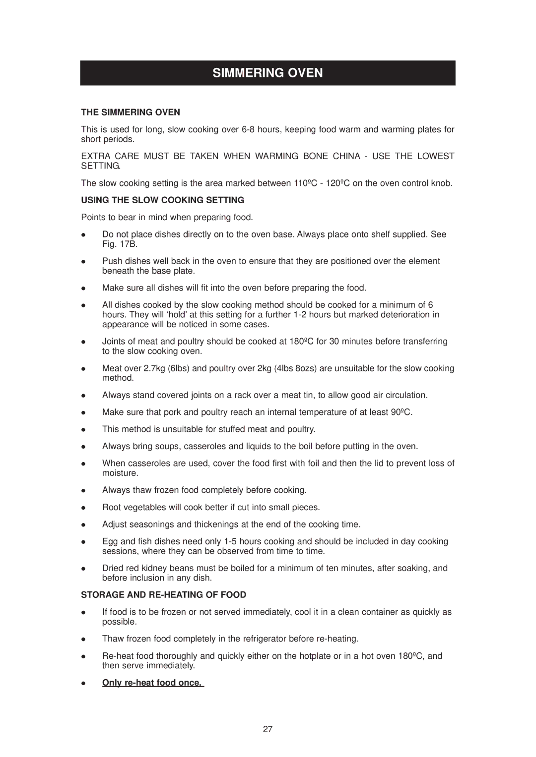 Aga Ranges DESN 512387 A owner manual Simmering Oven, Using the Slow Cooking Setting, Storage and RE-HEATING of Food 