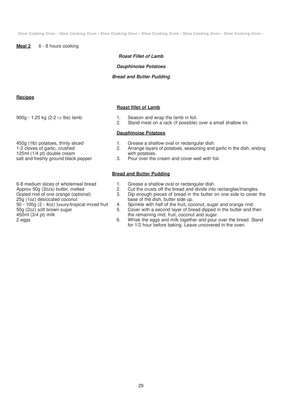 Aga Ranges DESN 512387 A owner manual Recipes Roast fillet of Lamb, Dauphinoise Potatoes, Bread and Butter Pudding 