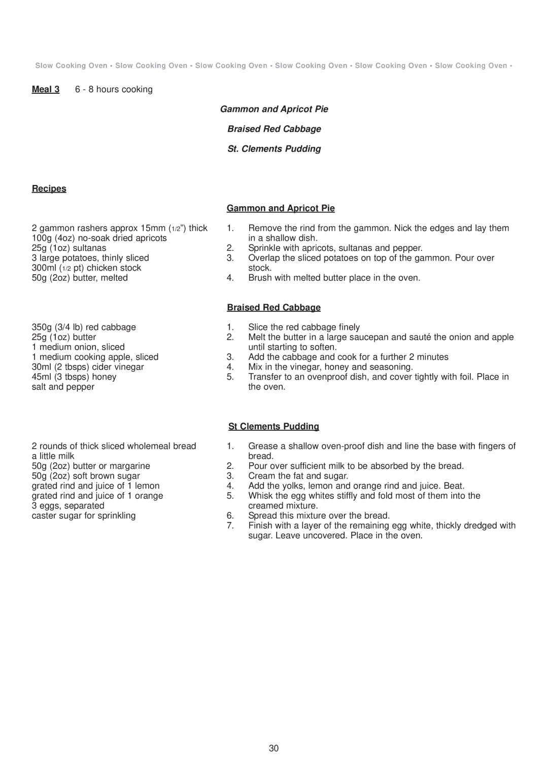 Aga Ranges DESN 512387 A owner manual Recipes, Gammon and Apricot Pie, Braised Red Cabbage, St Clements Pudding 