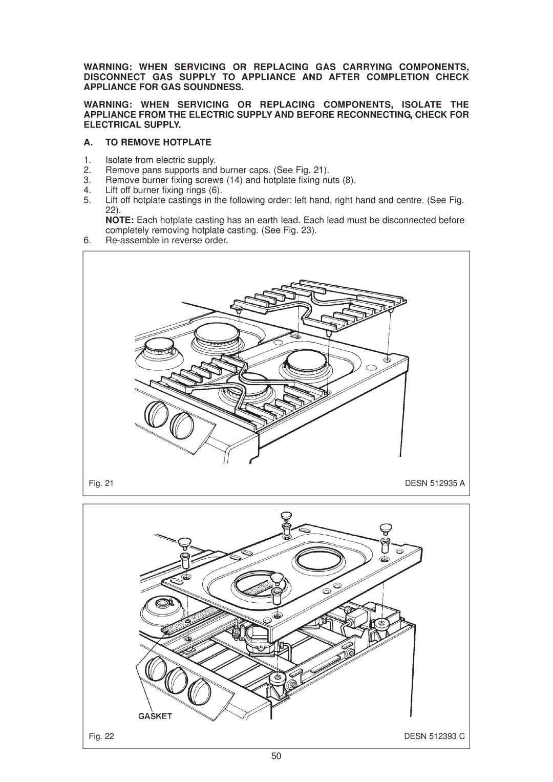 Aga Ranges DESN 512387 A owner manual To Remove Hotplate 