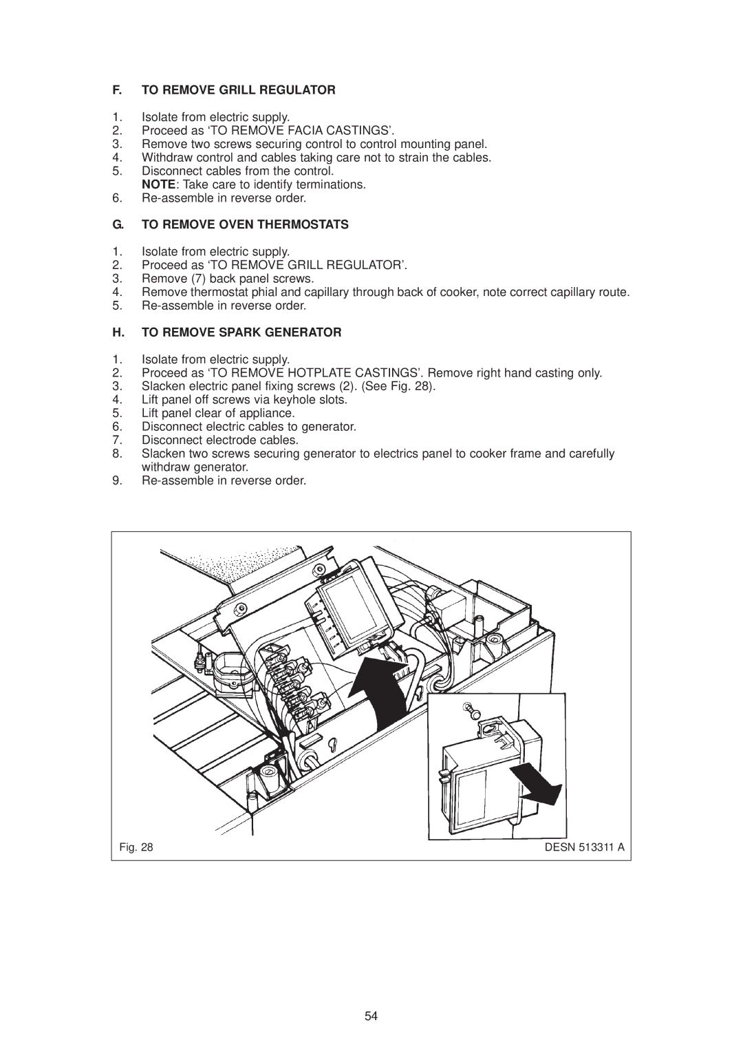 Aga Ranges DESN 512387 A owner manual To Remove Grill Regulator, To Remove Oven Thermostats, To Remove Spark Generator 