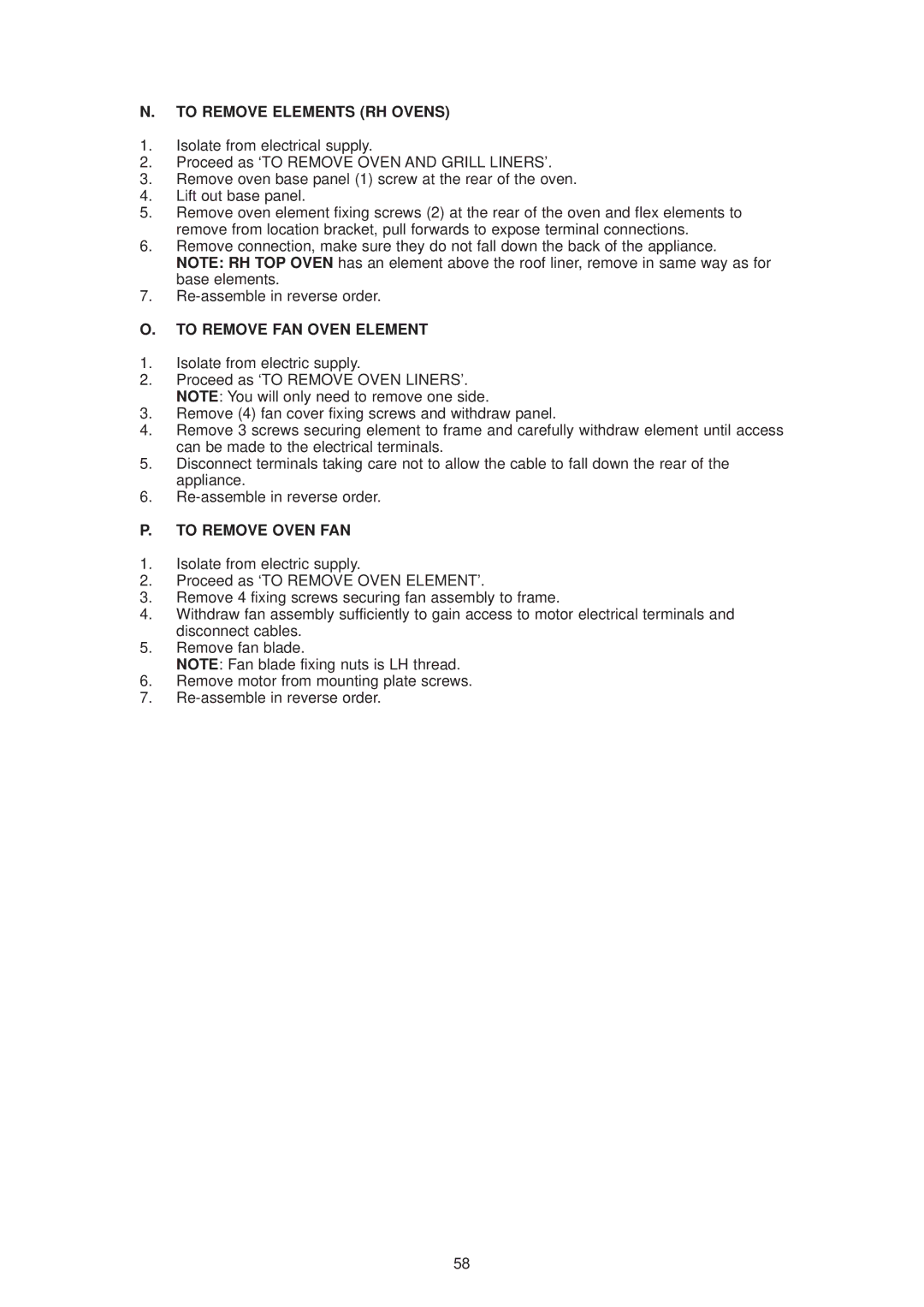 Aga Ranges DESN 512387 A owner manual To Remove Elements RH Ovens, To Remove FAN Oven Element, To Remove Oven FAN 