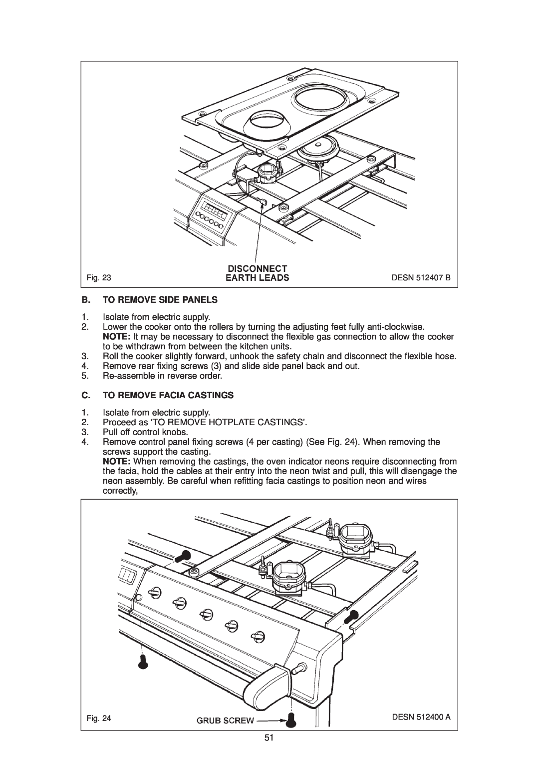 Aga Ranges DESN 512387 A owner manual B. To Remove Side Panels, C. To Remove Facia Castings, DESN 512407 B 