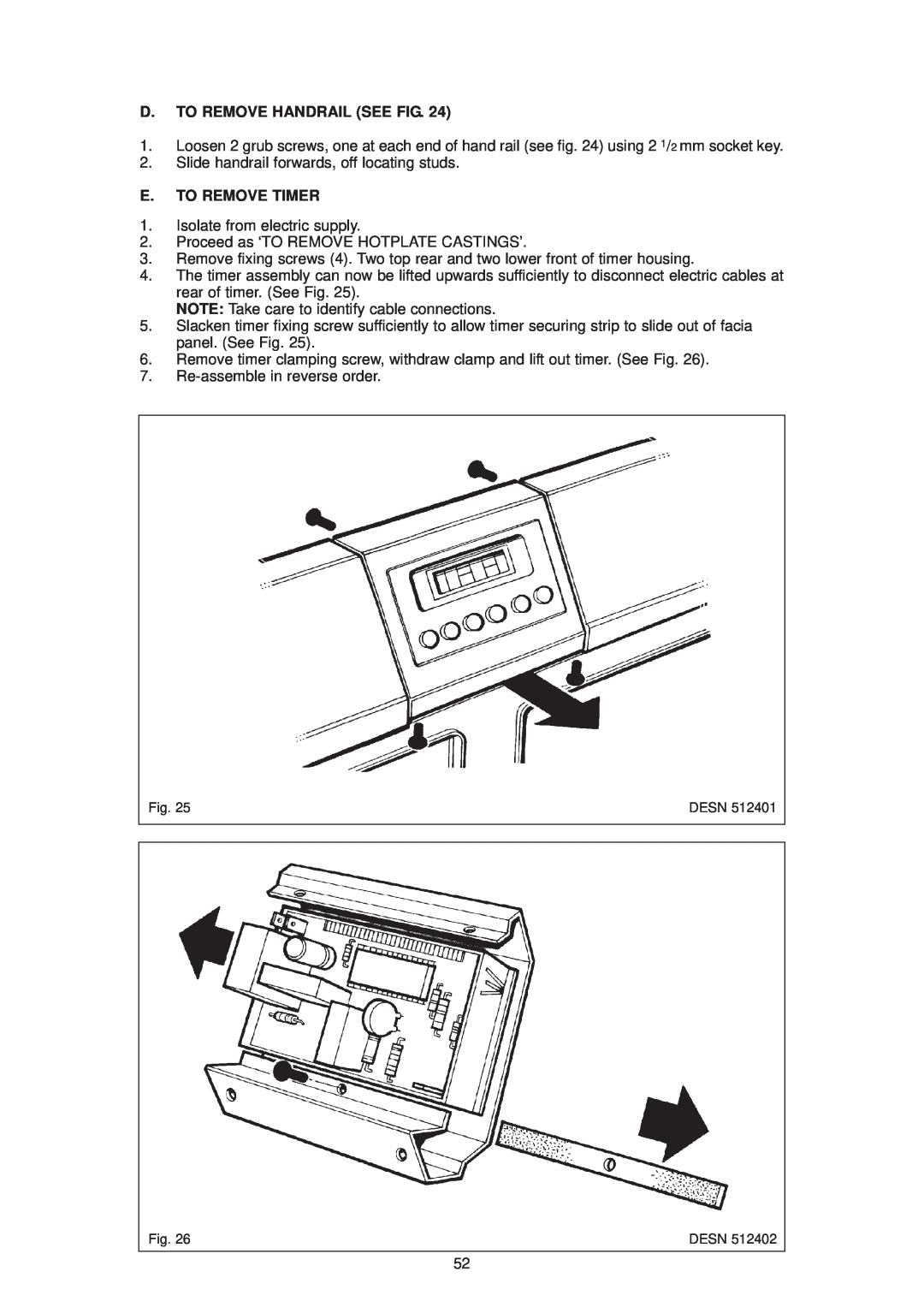 Aga Ranges DESN 512387 A owner manual D. To Remove Handrail See Fig, E. To Remove Timer 