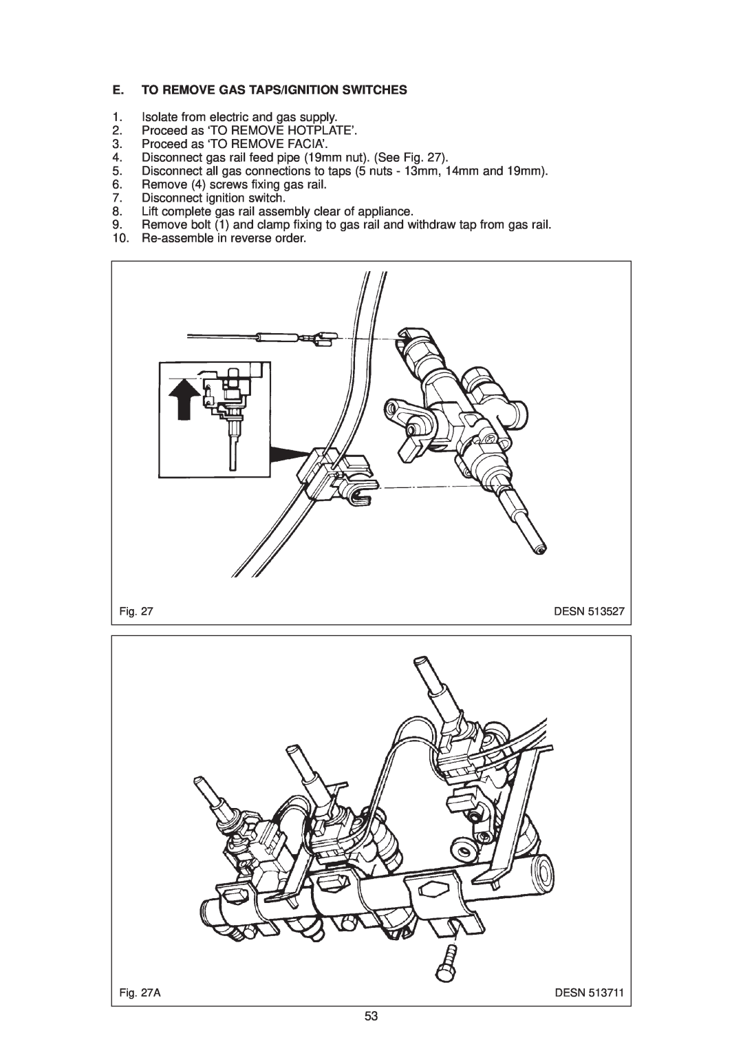 Aga Ranges DESN 512387 A owner manual E. To Remove Gas Taps/Ignition Switches 