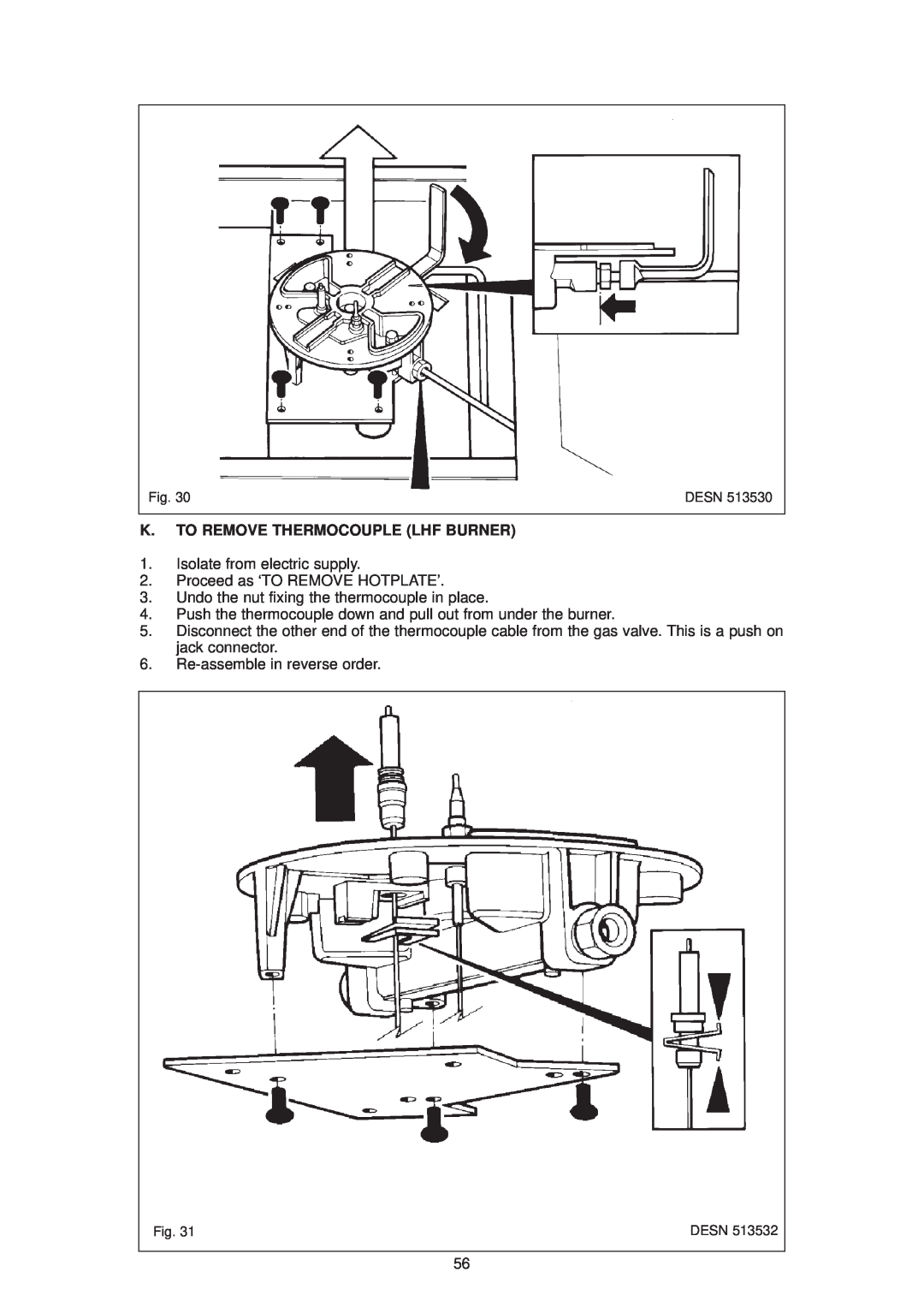 Aga Ranges DESN 512387 A owner manual K. To Remove Thermocouple Lhf Burner, Undo the nut fixing the thermocouple in place 