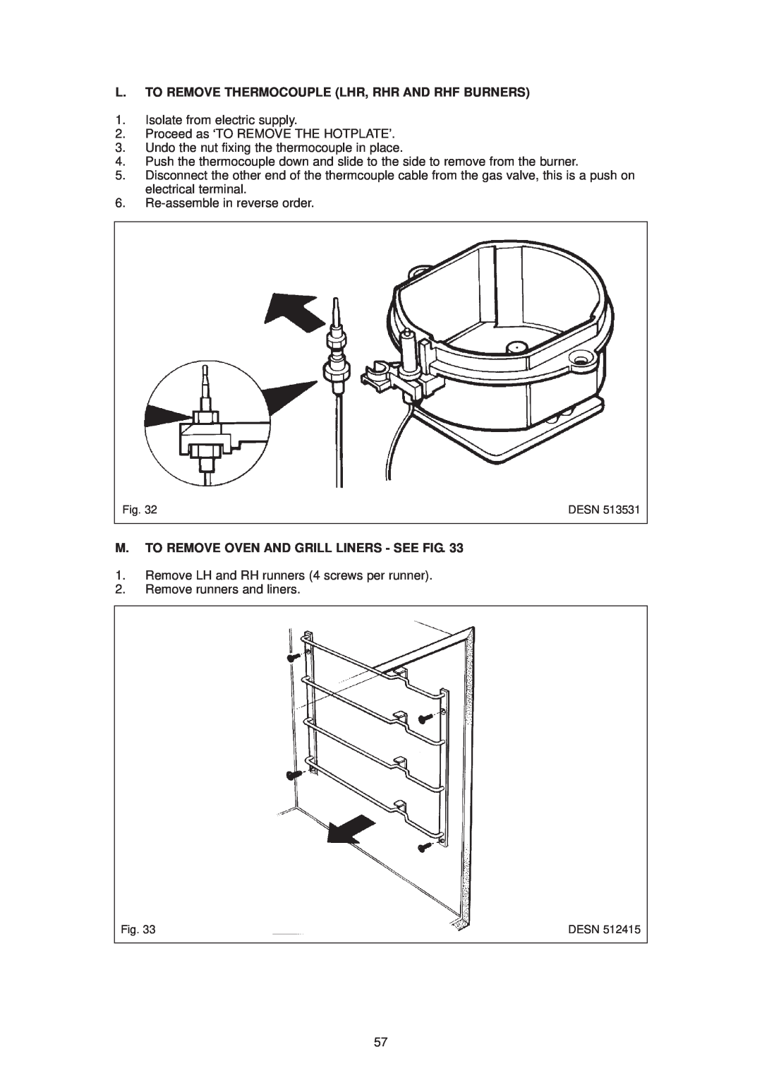 Aga Ranges DESN 512387 A L. To Remove Thermocouple Lhr, Rhr And Rhf Burners, M. To Remove Oven And Grill Liners - See Fig 