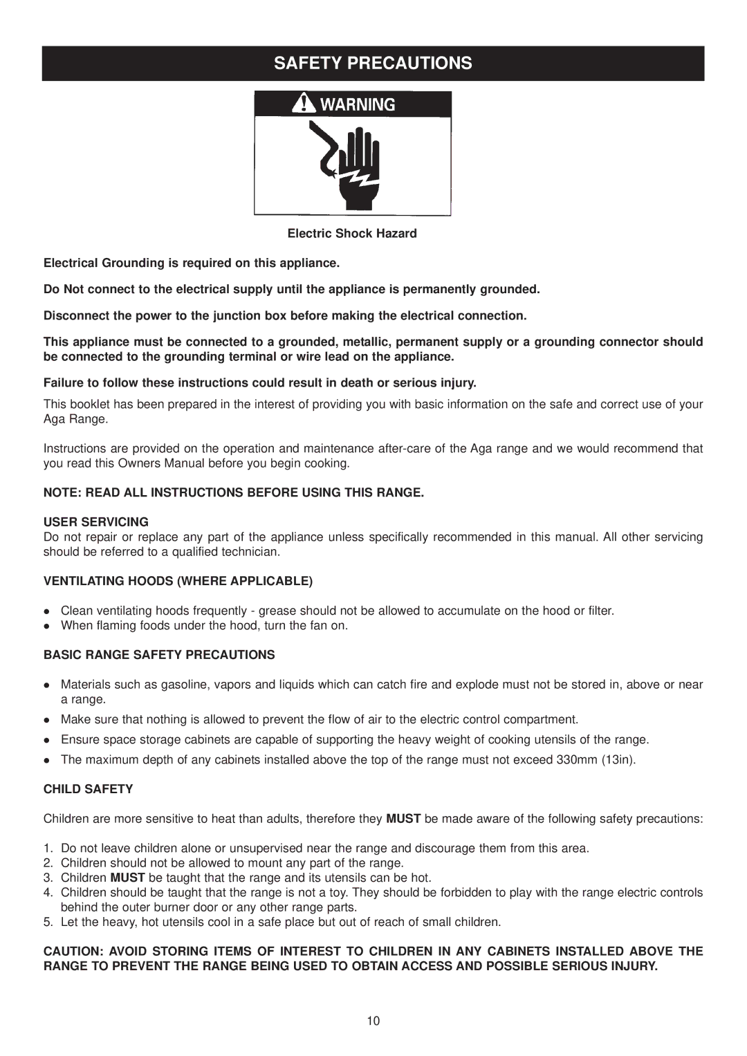 Aga Ranges EE LM-4 User Servicing, Ventilating Hoods Where Applicable, Basic Range Safety Precautions, Child Safety 