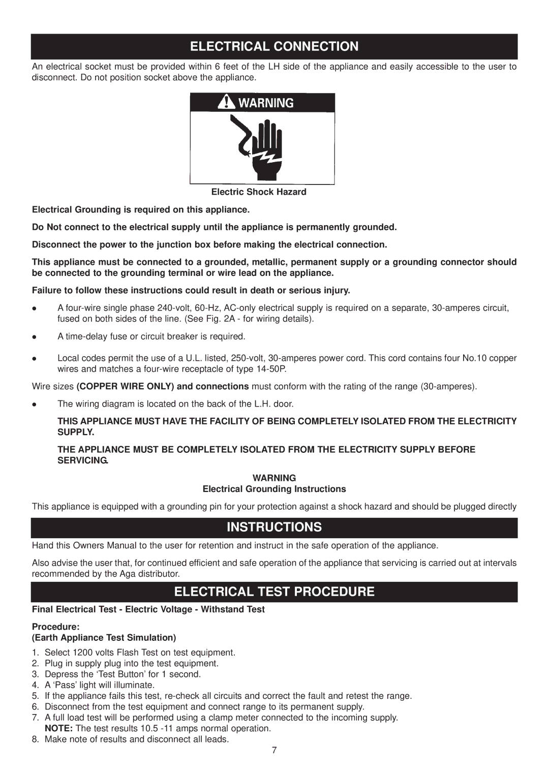 Aga Ranges EC LM-2, EE LM-4 Electrical Connection, Electrical Test Procedure, Electrical Grounding Instructions 