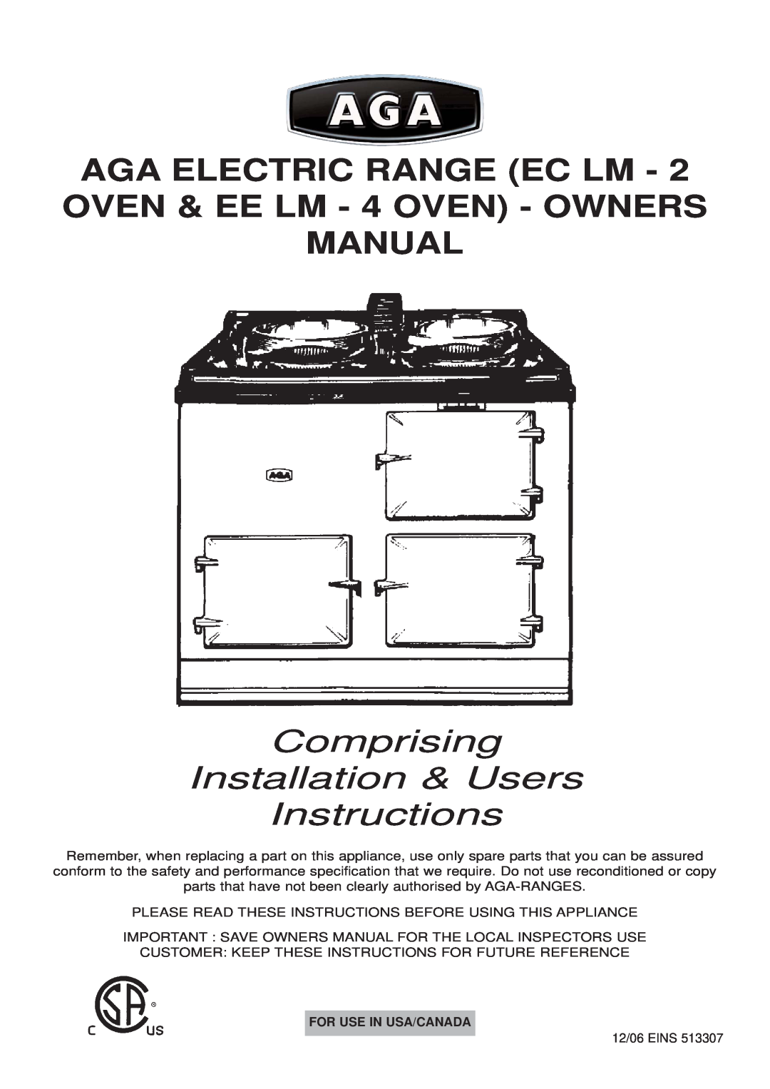 Aga Ranges EC LM-2, EE LM-4 owner manual Comprising Installation & Users Instructions, For Use In Usa/Canada 